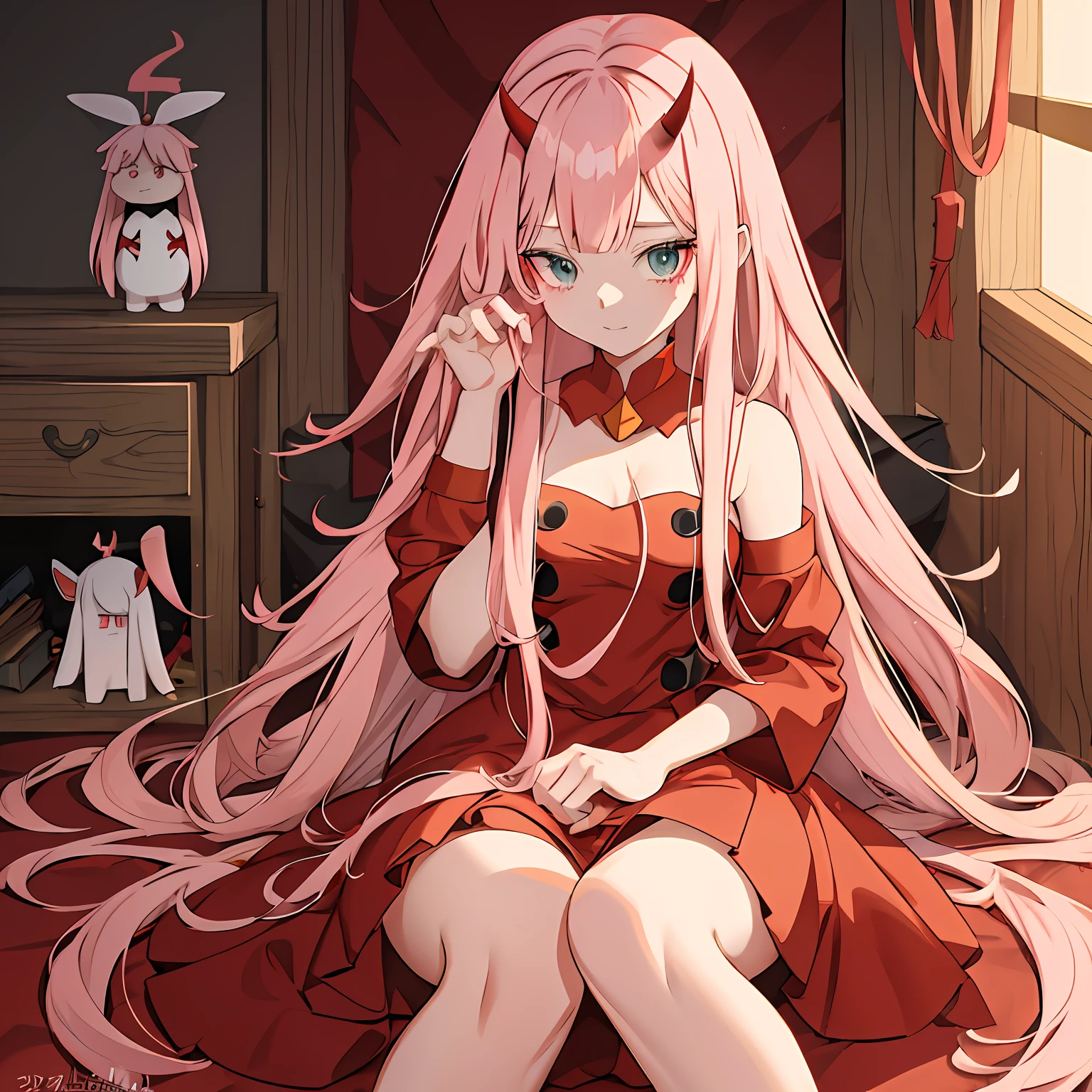 garota anime com longos cabelos rosa e chifres em um vestido vermelho, zero dois, female personagem de anime, Garota de anime com cabelo comprido, personagem de anime,, melhor garota de anime, jovem anime, visual de anime de uma linda garota