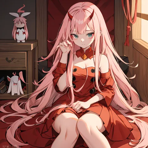 anime girl with long pink hair and horns in a red dress, zero two, female anime character, anime girl with long hair, anime char...