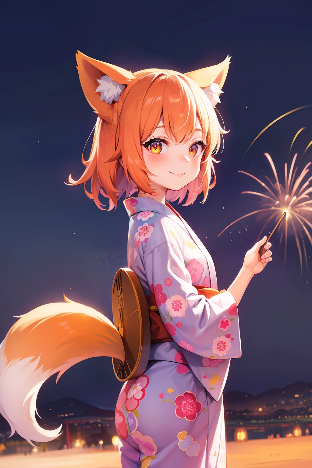 Kawaii girl, small fox ears, fox tail, colorful traditional yukata, standing on a hill, fireworks on background, night, full moon, magical sky, smiling, blushing, small girl, traditional Japanese, ultra realistic background, colorful fireworks