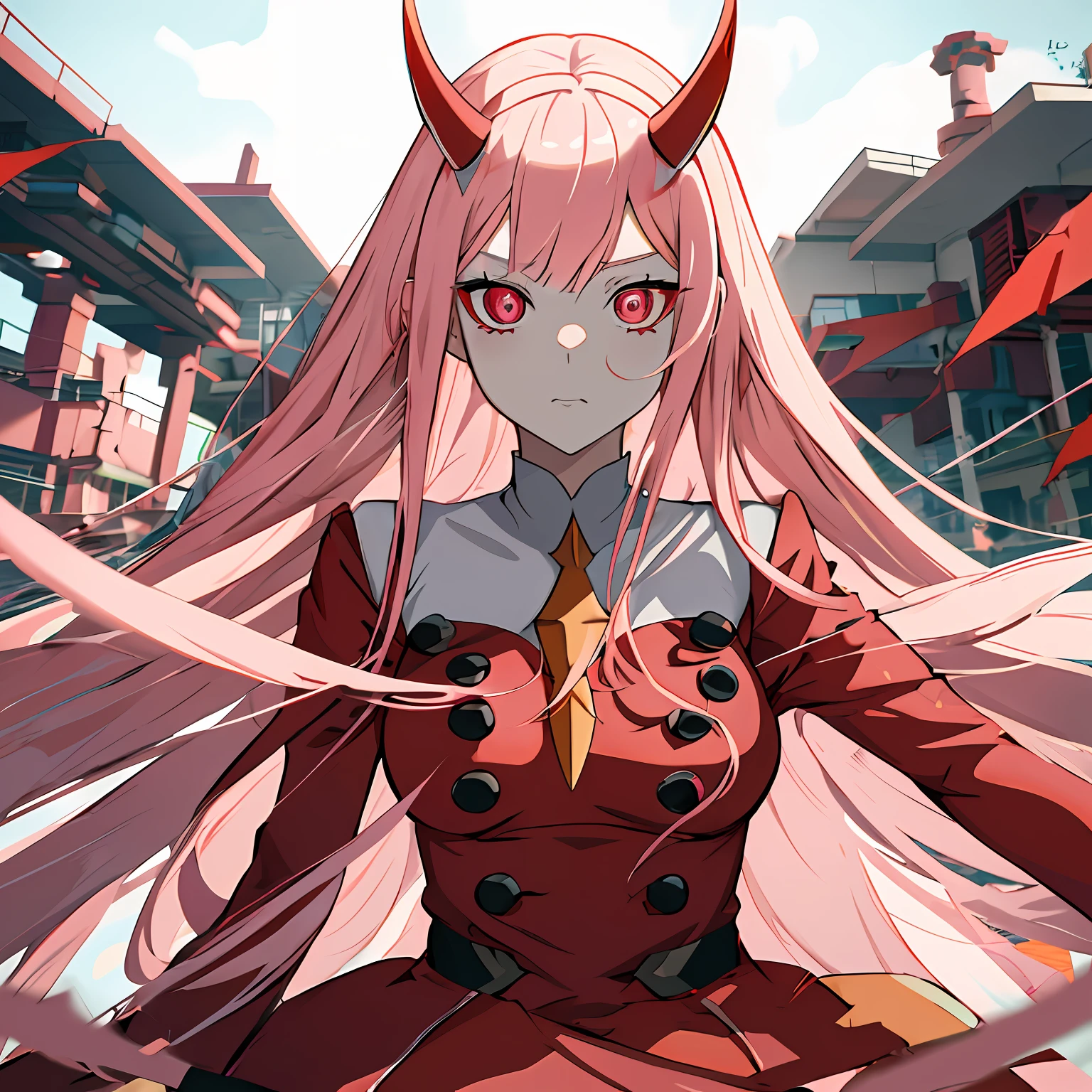 Anime girl with long pink hair and horns in a city（zero two (darling in the  franxx)) - SeaArt AI