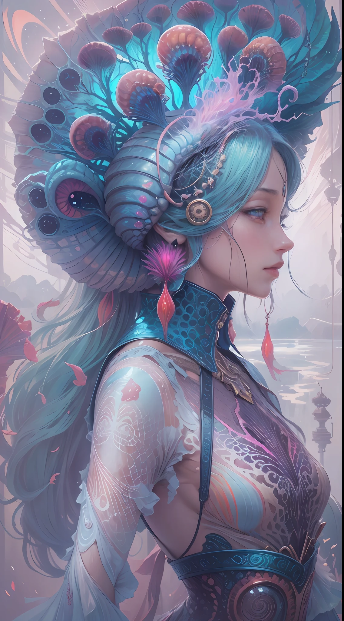 best qualtiy，tmasterpiece，超高分辨率，（photograph realistic：1.4），ultra-realistic realism，Dream-like，The beautiful blue-skinned goddess wears a phoenix peacock on her head, Nautilus, a betta fish，The creation of fantasy，Brain conch，Dream Conch，Biopunk Nautilus，Thrilling color scheme， ultra-realistic realism， abstracted， psychedelia,