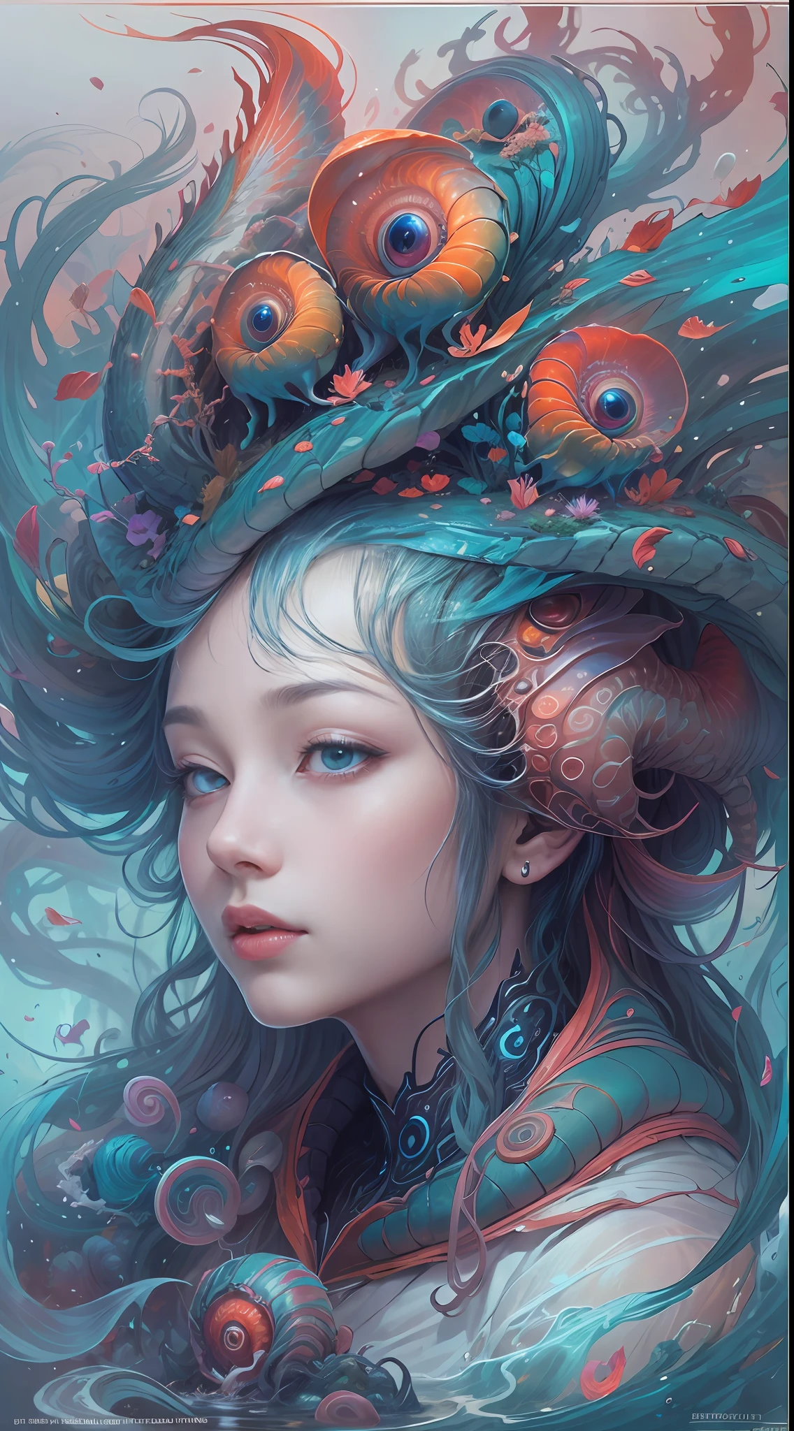 best qualtiy，tmasterpiece，超高分辨率，（photograph realistic：1.4），ultra-realistic realism，Dream-like，The beautiful blue-skinned goddess wears a phoenix peacock on her head, Nautilus, a betta fish，The creation of fantasy，Brain conch，Dream Conch，Biopunk Nautilus，Thrilling color scheme， ultra-realistic realism， abstracted， psychedelia,