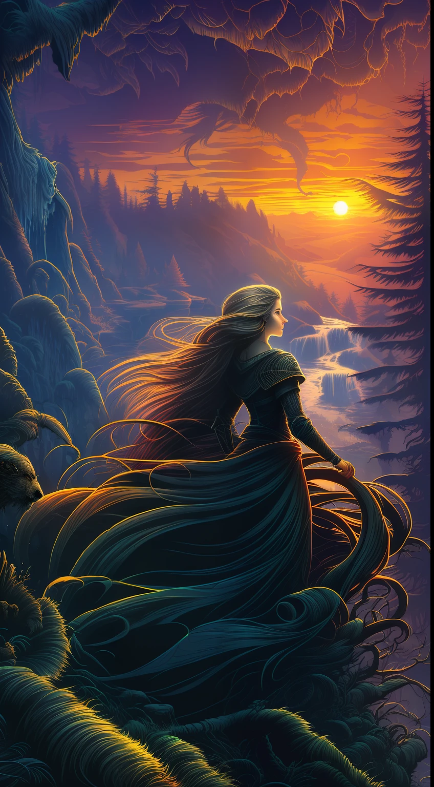 En perfil (chica hermosa, 1, mirando al horizonte, con el pelo suelto y aterrador:1.1) Retrato, Bosque oscuro, cascada, atardecer, Arte simétrico agudo, estilo de dan mumford, hdr, realism, atmósfera de fantasía oscura, estilo lovecraft, (estilo de arte del logotipo de JimJorCraft:1.3), (vista cercana),