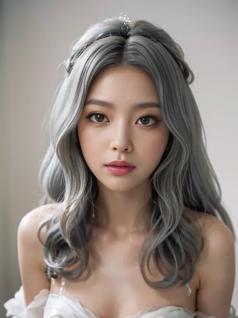 (grey hair, Soft Waves hair, blush, very much lip gloss, many eyelashes, upturned eyes), (photorealistic:1.2), a woman in white ...