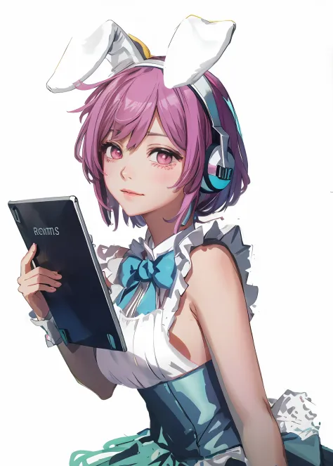 pink anime girl holding tablet with rabbit ears,dressed in elaborate maid attire，beautiful gauze dress，bring a gaming headset，we...