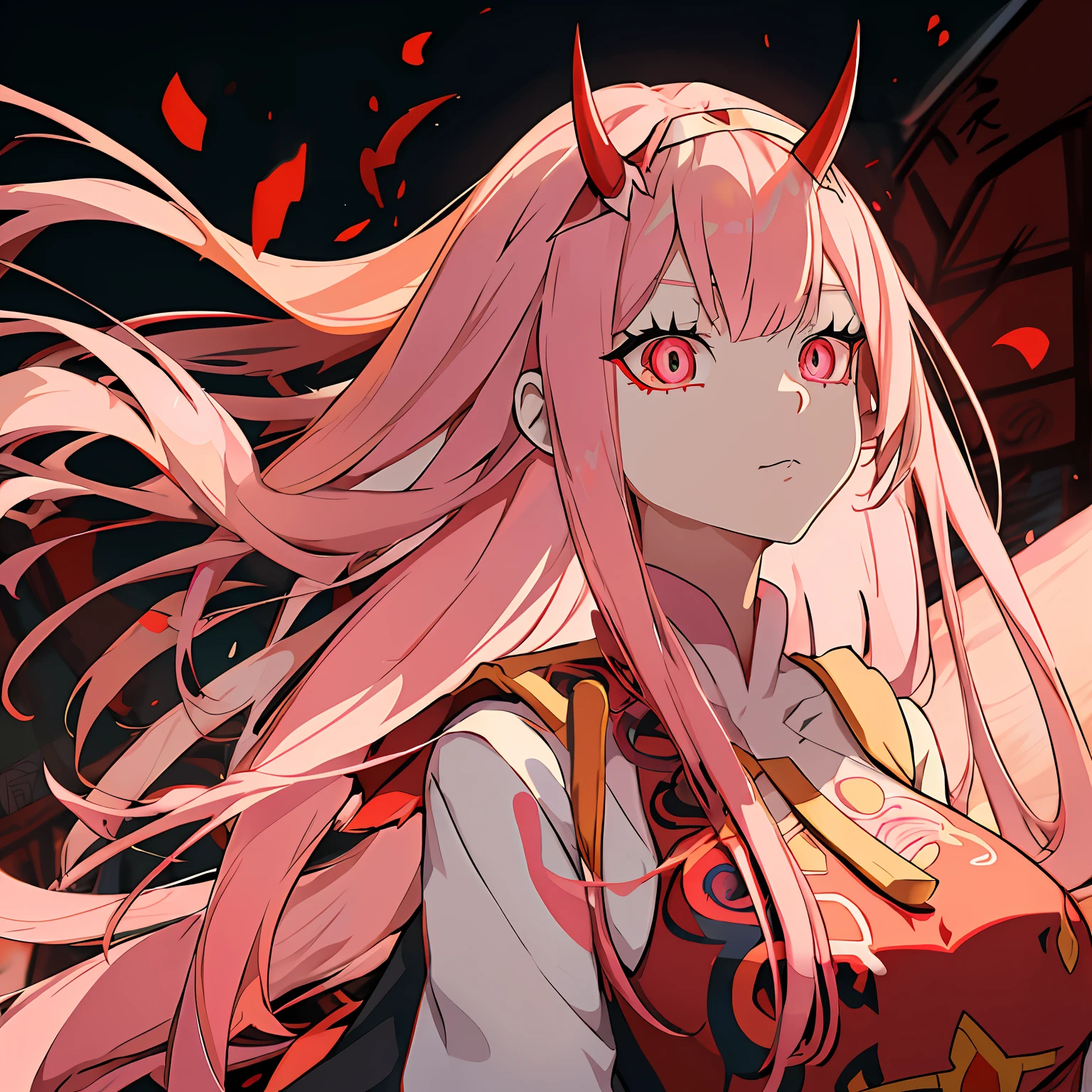 anime girl with long pink hair and horns in a red batik, zero two, female anime character, anime girl with long hair, anime character,, anime best girl, young anime girl, anime visual of a cute girl, dynamic lighting, high resolution, sharp focus, depth of field, detailed eyes, sharp pupils, realistic pupils, outdoor, sky, big boobs