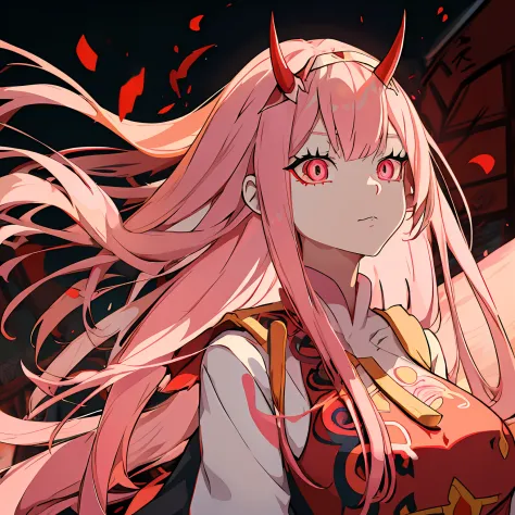 anime girl with long pink hair and horns in a red batik, zero two, female anime character, anime girl with long hair, anime char...