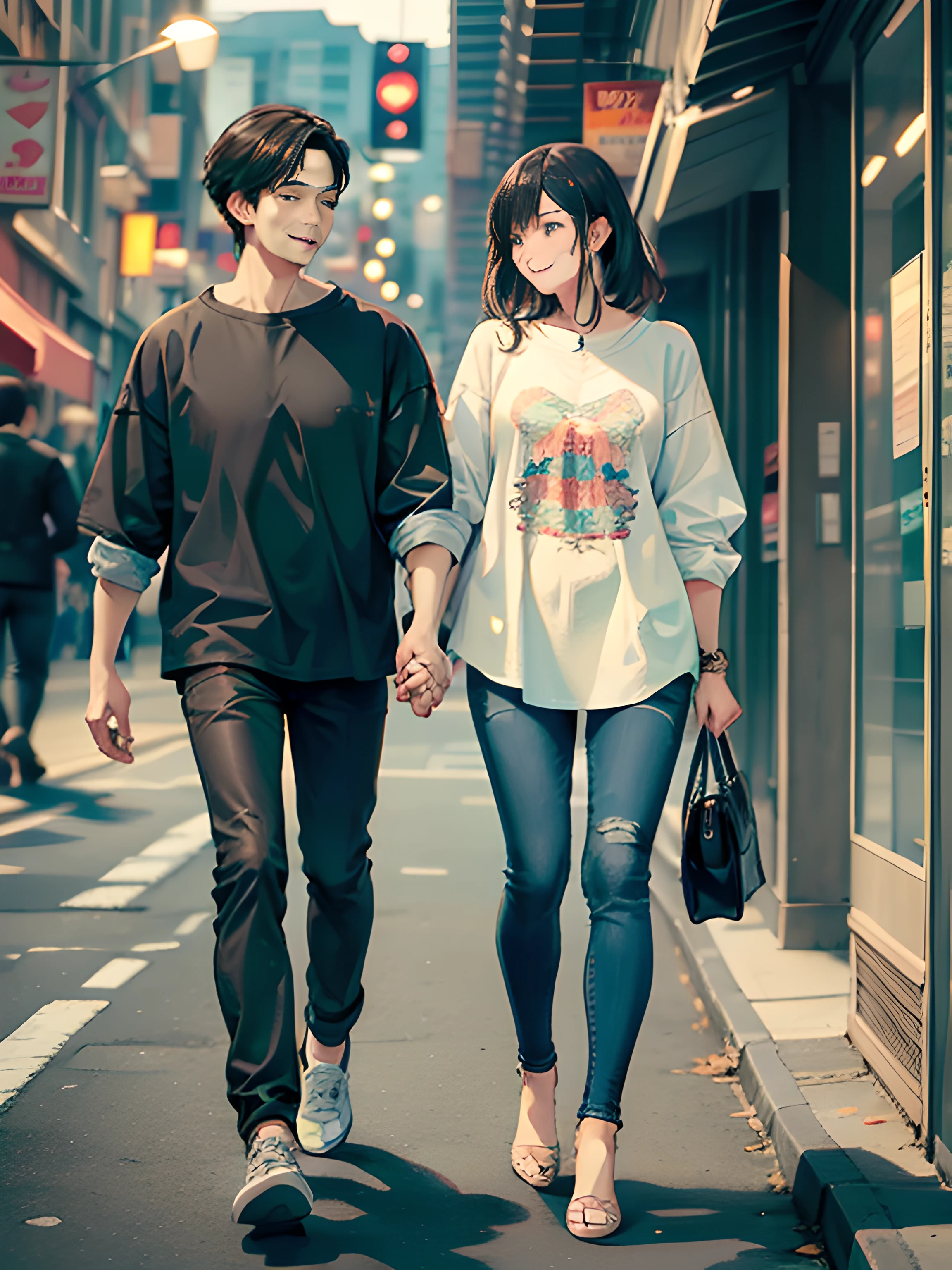 masterpiece, best quality, 2others, couple, 1man with 1woman, mature, adult, Height difference, different fashion, different color, finely detailed eyes and detailed face, intricate details, casual clothes, oversized shirt, modern urban street, holding hands, smile, happy, love