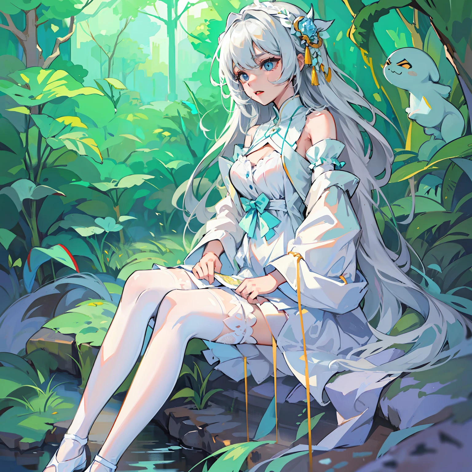 Girl in your dreams。I have long silver hair。I dressed up as a ghost。I watched lazily。This is the highest quality instruction。This is a beautiful illustration of blue eyes white stockings worn on beautiful legs Full body photo