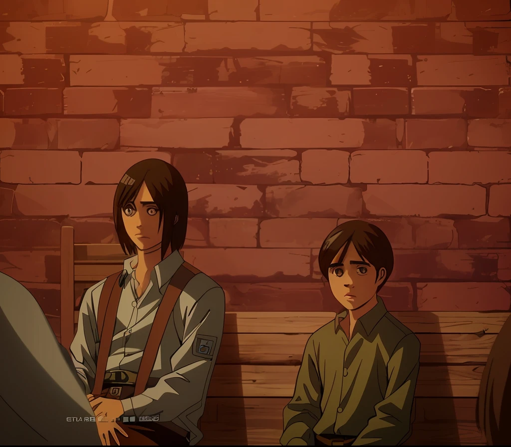 Anime characters sitting on a bench in front of a brick wall - SeaArt AI