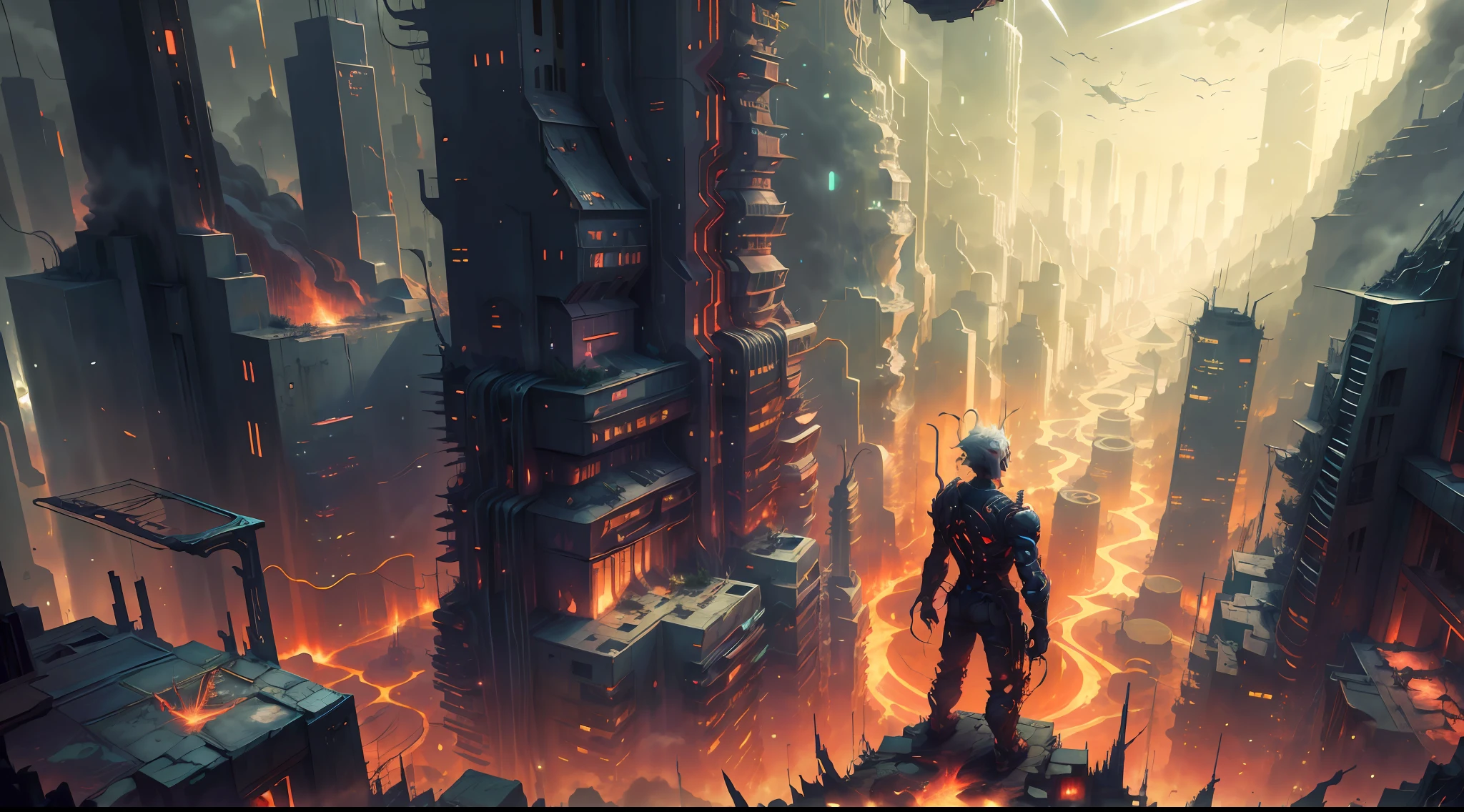 1nf3rnalAI city，cyber punk style，A top-down perspective，early evening，full of lights，A white-haired boy hangs overnight with a red sword，Facing away，Overlooking the city