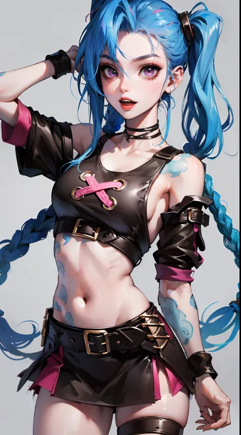 jinx,having fun，Student clothing，Superskirt，Crop topping，cute-style，highly rendered，detailed face with，Fleshy thighs