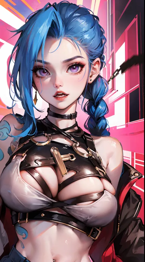 Jinx,having fun，Student clothing，Superskirt，Crop topping，huge tit，Pull your pants open，cute-style，highly rendered，detailed face with，Fleshy thighs