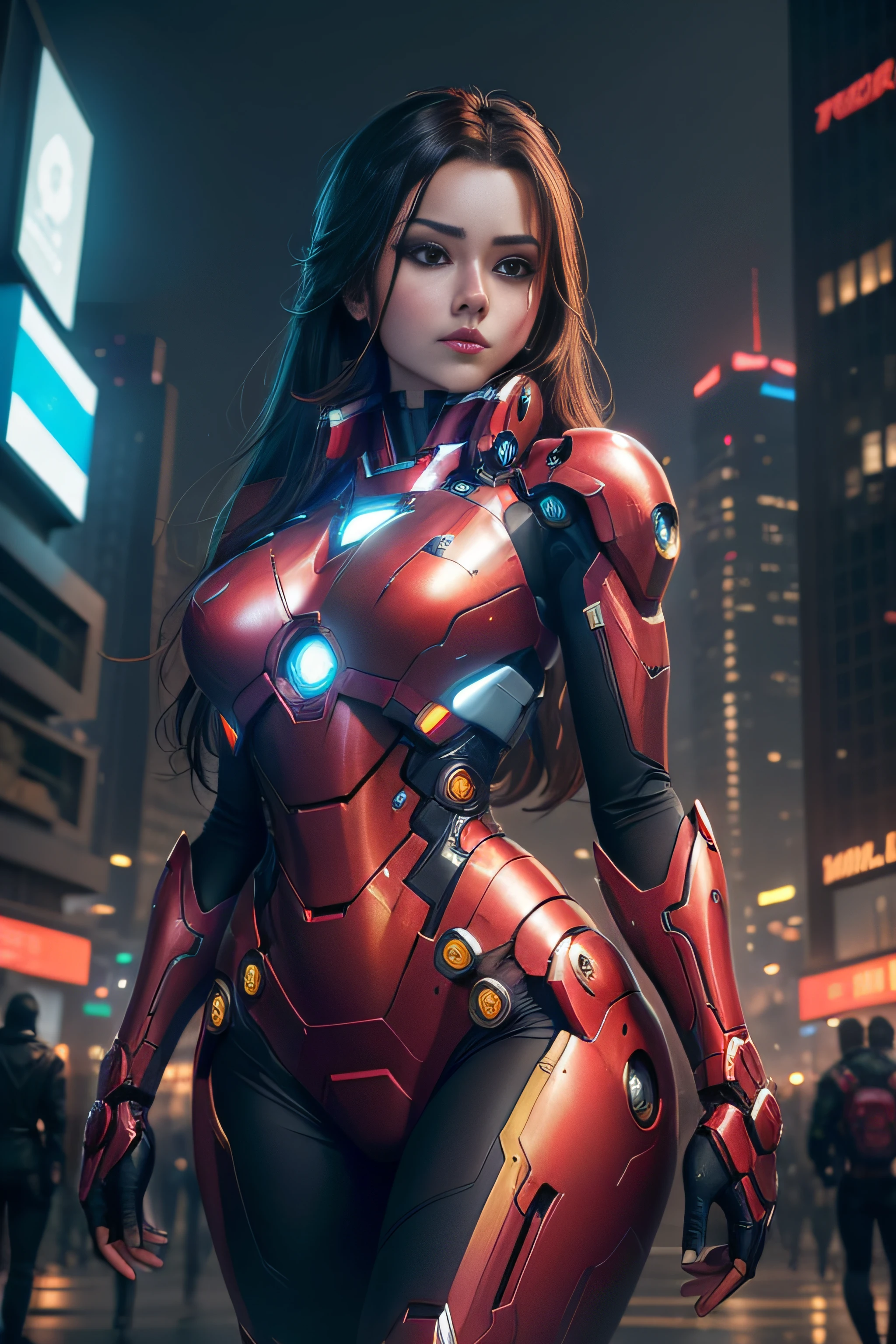 A woman in a red suit standing in a city at night - SeaArt AI