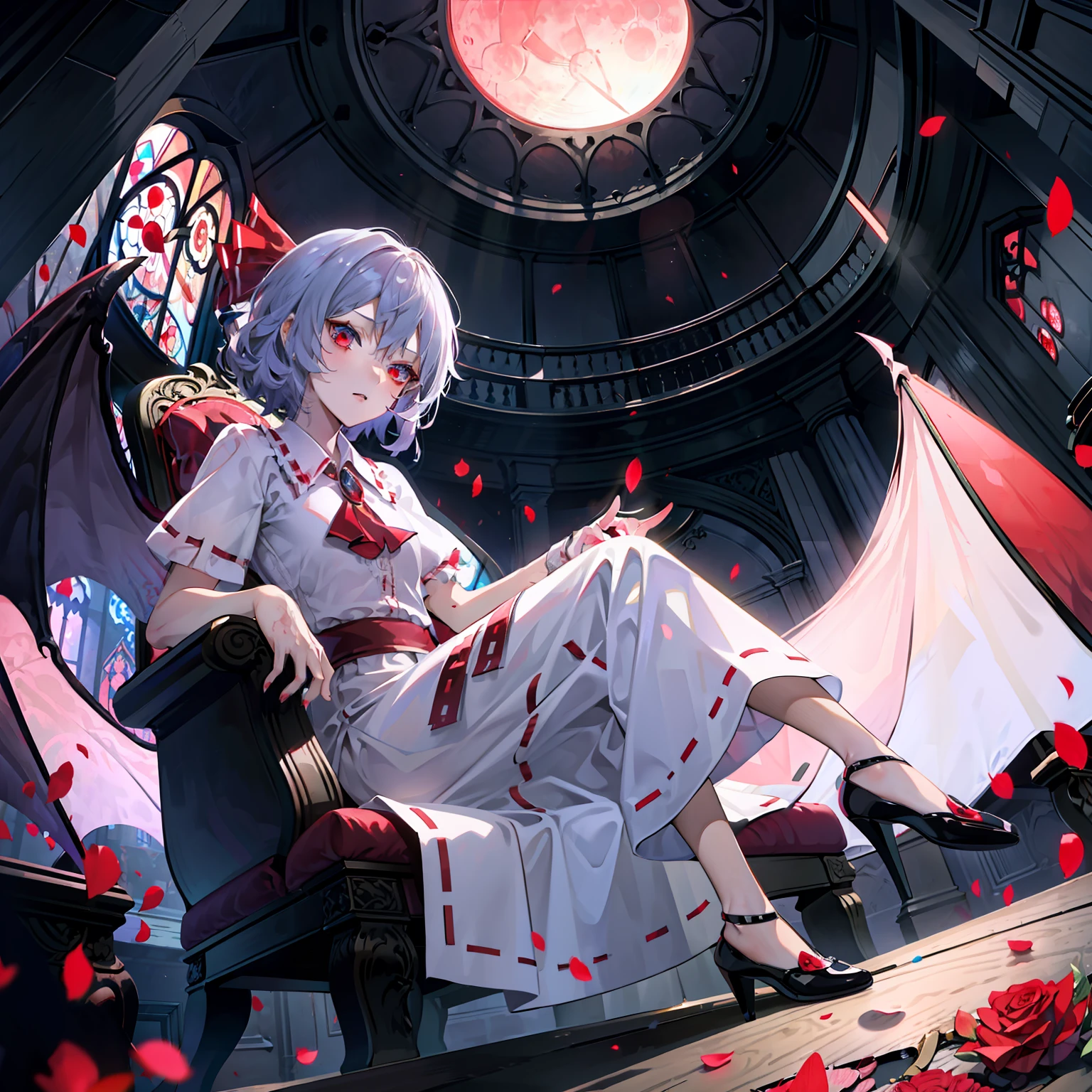 Illustration of Remilia Scarlet sitting on a chair, masterpiece, fine detail, 4k, 8k, 12k, solo, one person, beautiful girl, white woman, Remilia Scarlet, noble chair, western mansion, indoors, rose petals, stained glass, red moon, full moon