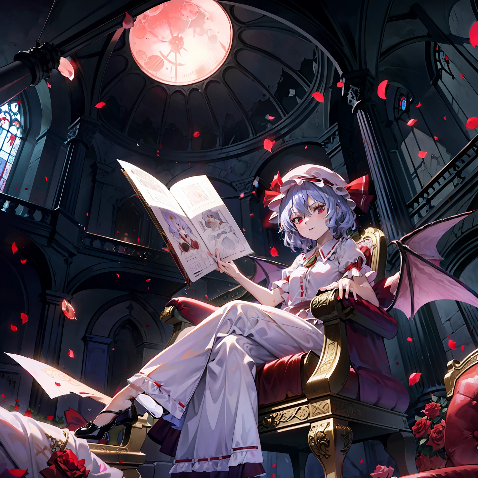 Illustration of Remilia Scarlet sitting on a chair, masterpiece, fine detail, 4k, 8k, 12k, solo, one person, beautiful girl, white woman, Remilia Scarlet, noble chair, western mansion, indoors, rose petals, stained glass, red moon, full moon