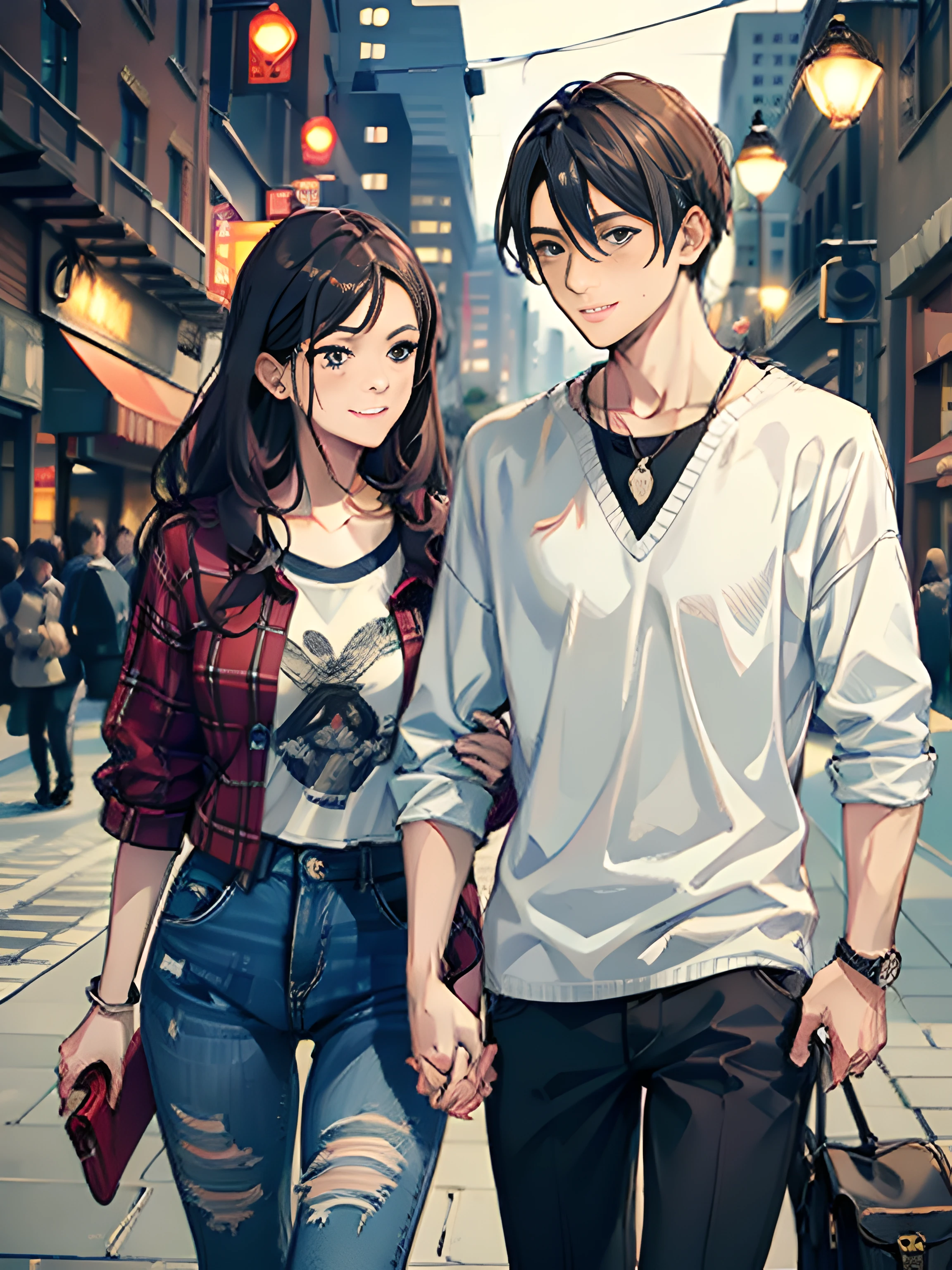 masterpiece, best quality, 2others, couple, 1man with 1woman, mature, adult, Height difference, different fashion, different color, finely detailed eyes and detailed face, intricate details, casual clothes, oversized shirt, modern urban street, holding hands, smile, happy, love