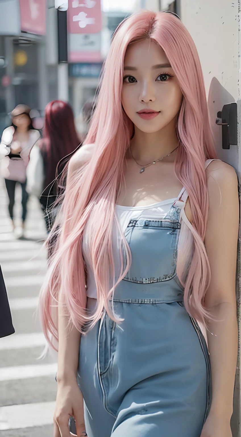 A close up of a woman with pink hair standing on a street - SeaArt AI