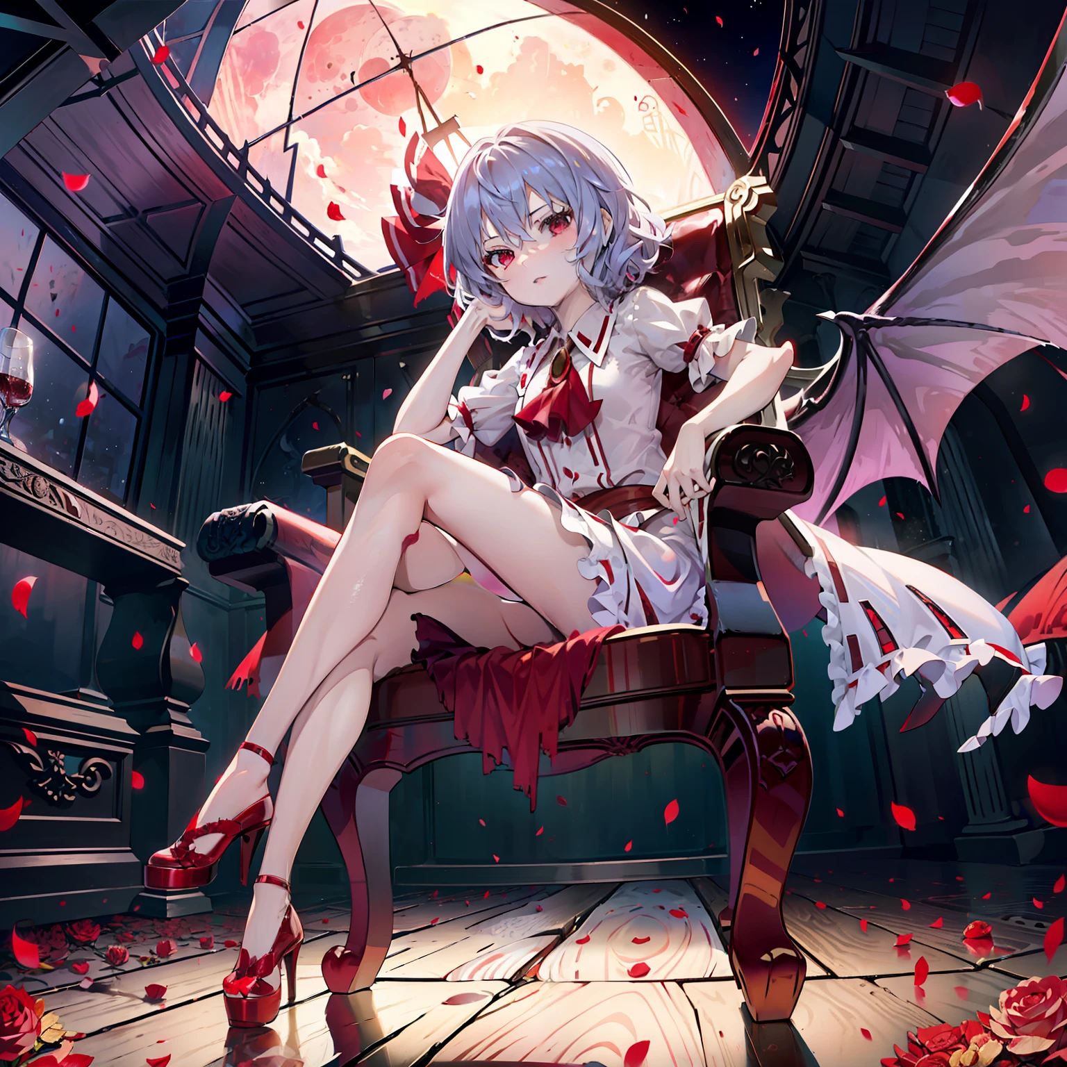 Illustration of Remilia Scarlett sitting on a chair, masutepiece, Fine detail, 4K, 8K, 12K, Solo, One Person, Beautiful Girl, caucasian female, remilia scarlet, Noble Chair, western building, Indoors, Rose petals, stain glass, Red Moon, fullmoon