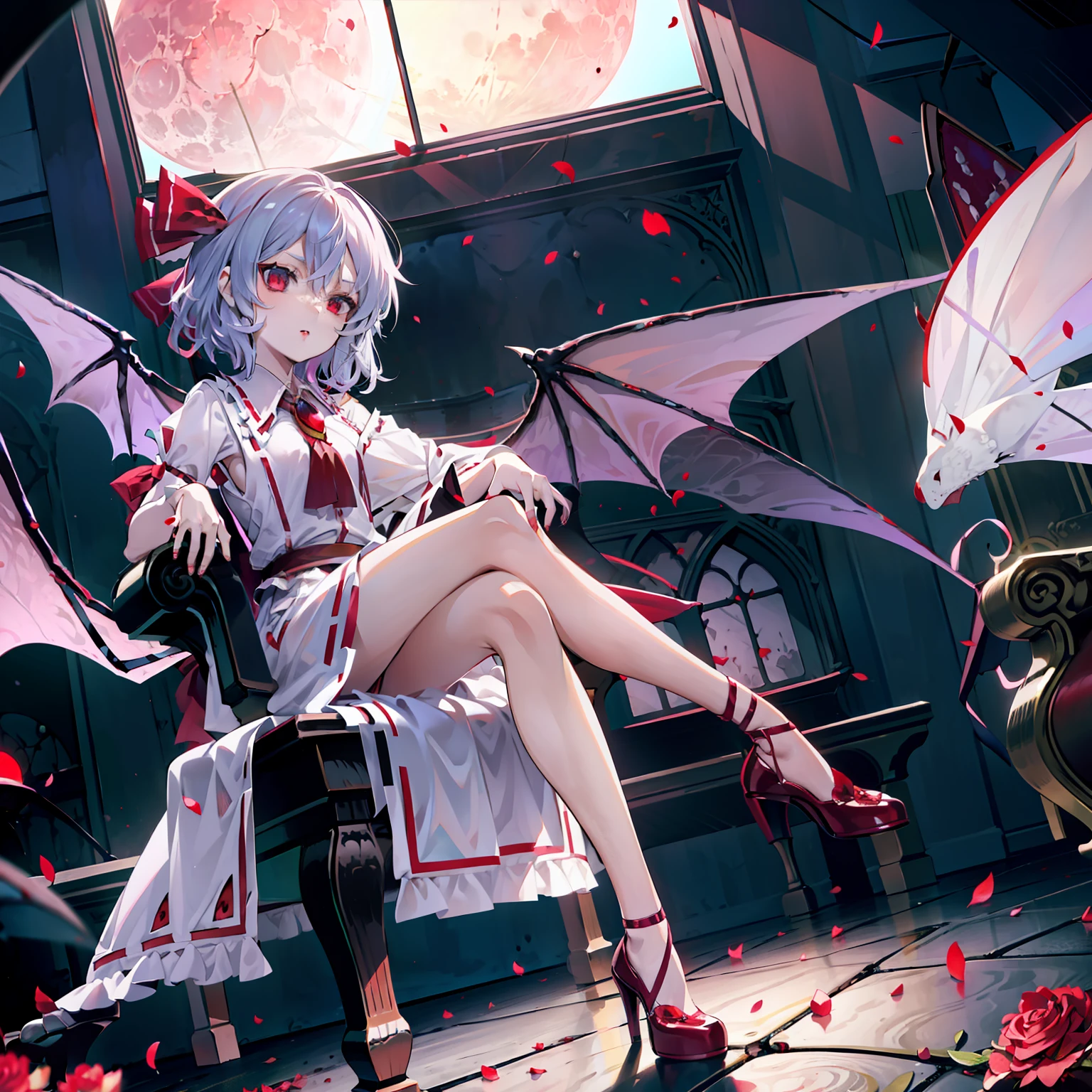 Illustration of Remilia Scarlett sitting on a chair, masutepiece, Fine detail, 4K, 8K, 12K, Solo, One Person, Beautiful Girl, caucasian female, remilia scarlet, Noble Chair, western building, Indoors, Rose petals, stain glass, Red Moon, fullmoon