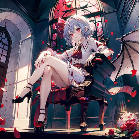 illustration of remilia scarlett sitting on a chair, masutepiece, fine detail, 4k, 8k, 12k, solo, one person, beautiful girl, ca...