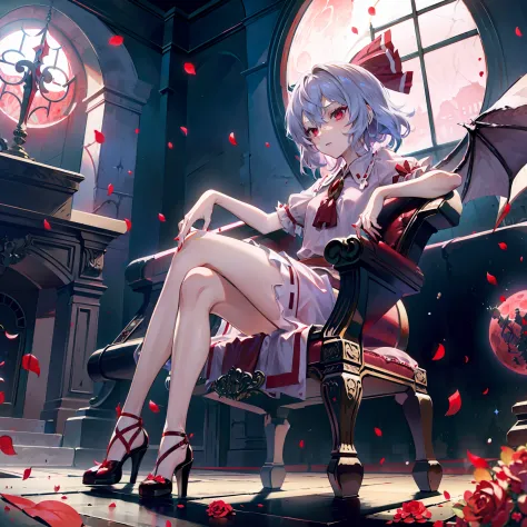 illustration of remilia scarlett sitting on a chair, masutepiece, fine detail, 4k, 8k, 12k, solo, one person, beautiful girl, ca...