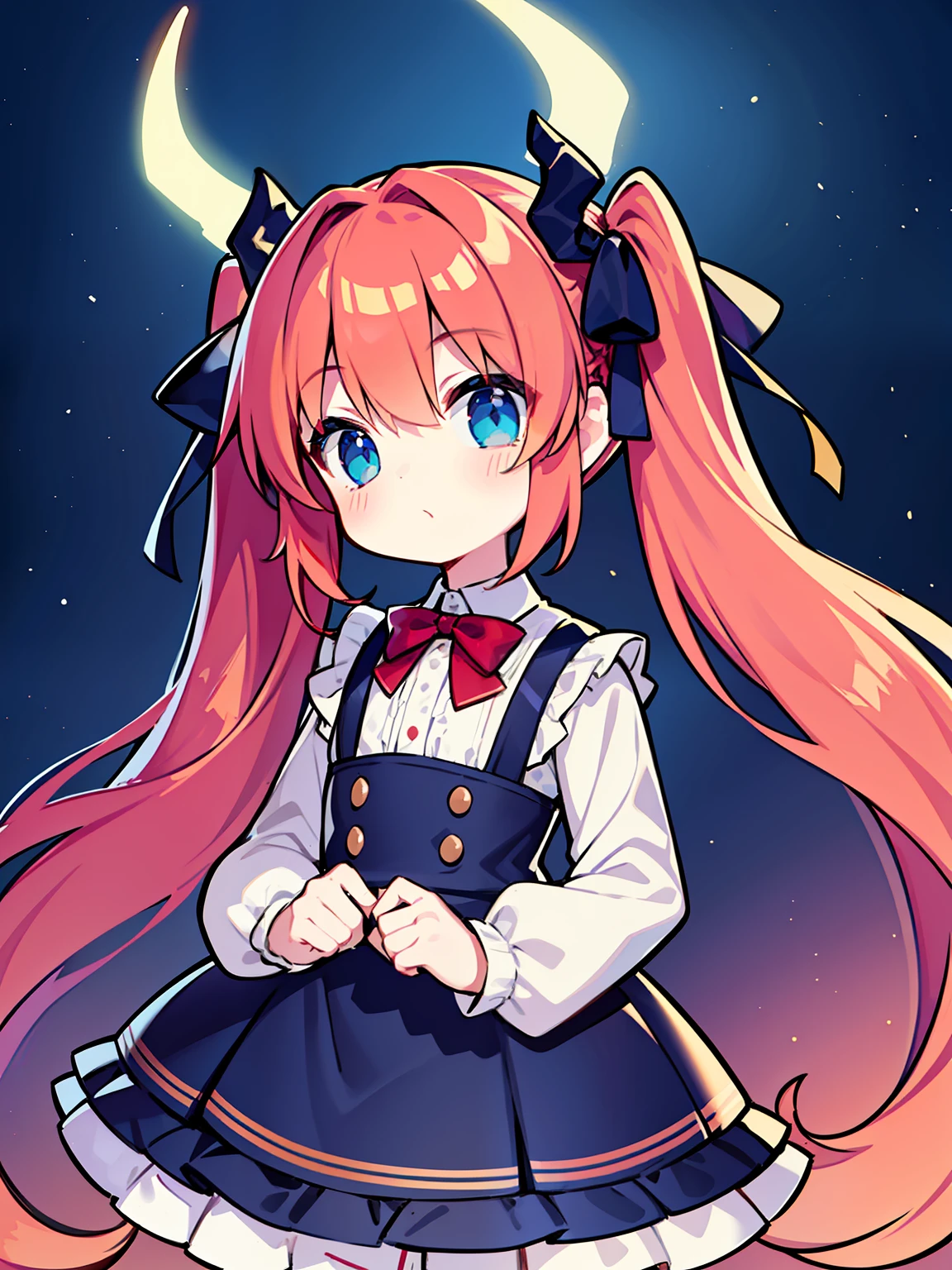 {{best quality}}, {{masterpiece}}, {{ultra-detailed}}, {illustration}, {detailed light}, red hair,blue eyes,twintails,lolita,Suspenders skirt,Fantastic,loli,solo,Dragon horns,little girl,long hair