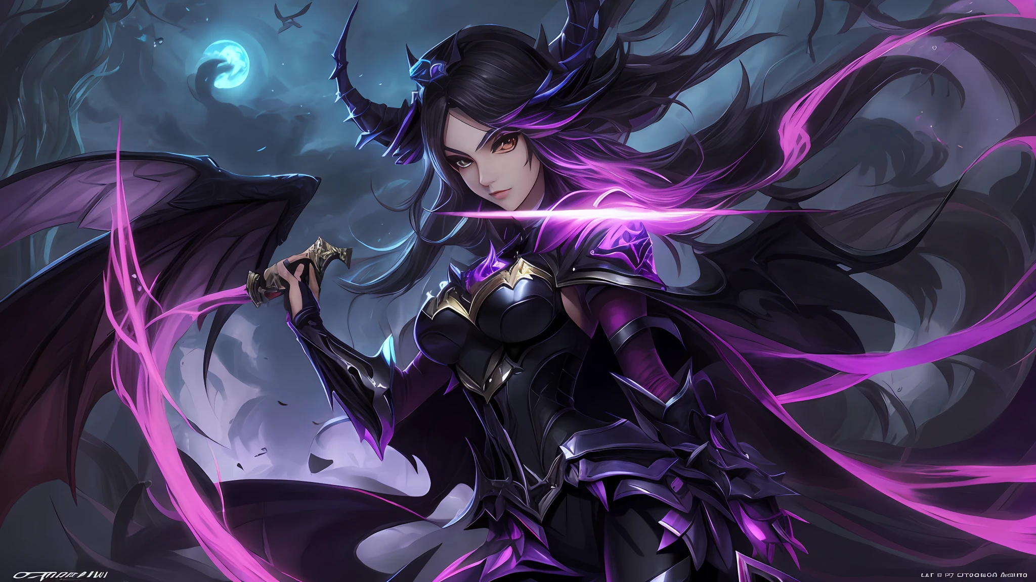 obra-prima, A mais alta qualidade de imagem, arte cg, muito limpo, 1 menina, Monstro demoníaco de escamas negras, Garota de anime com asas e espada em fundo escuro, Ahri, Artgerm Plat, irelia from League of Legends, Artgerm detalhado, artgerm extremamente detalhado, irelia, Morgana de League of Legends, arte artgerm, no estilo de artgerm, Ahri from league of legend, estilo artgerm