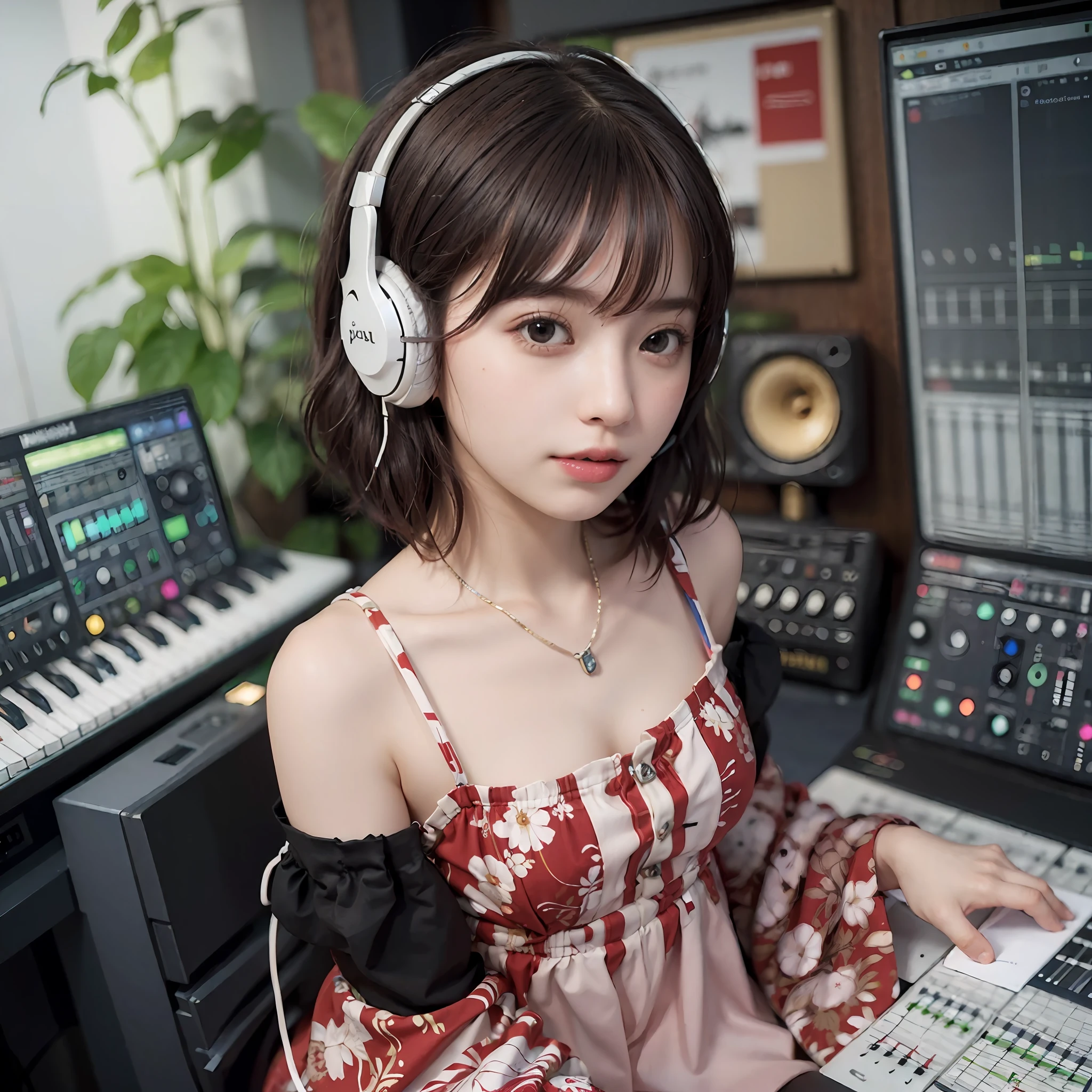 Best Quality, masutepiece, (Photorealistic:2), Ultra High Resolution, Highly detailed, A hyper-realistic, 1girl in, ((Red headphones)), (Longer dress), Floral pattern, colourfull_hair、(((very_Short_hair))), Short hair, Slim body, Full Shot, Looking at Viewer, ((Music Studio)),  Bright atmosphere, spot light, Detailed background