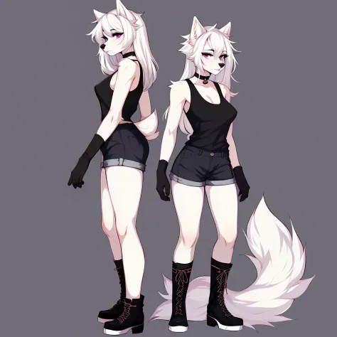 (By hyattlen, by fumiko, by claweddrip:1.2), solo, one girl, Cute white anthro furry wolf girl, female, white fur, white fluffy body, black nose, (cute snout:1.1), white fluffy tail, long white hair, simple solid purple eyes, highly detailed, canine teeth,...