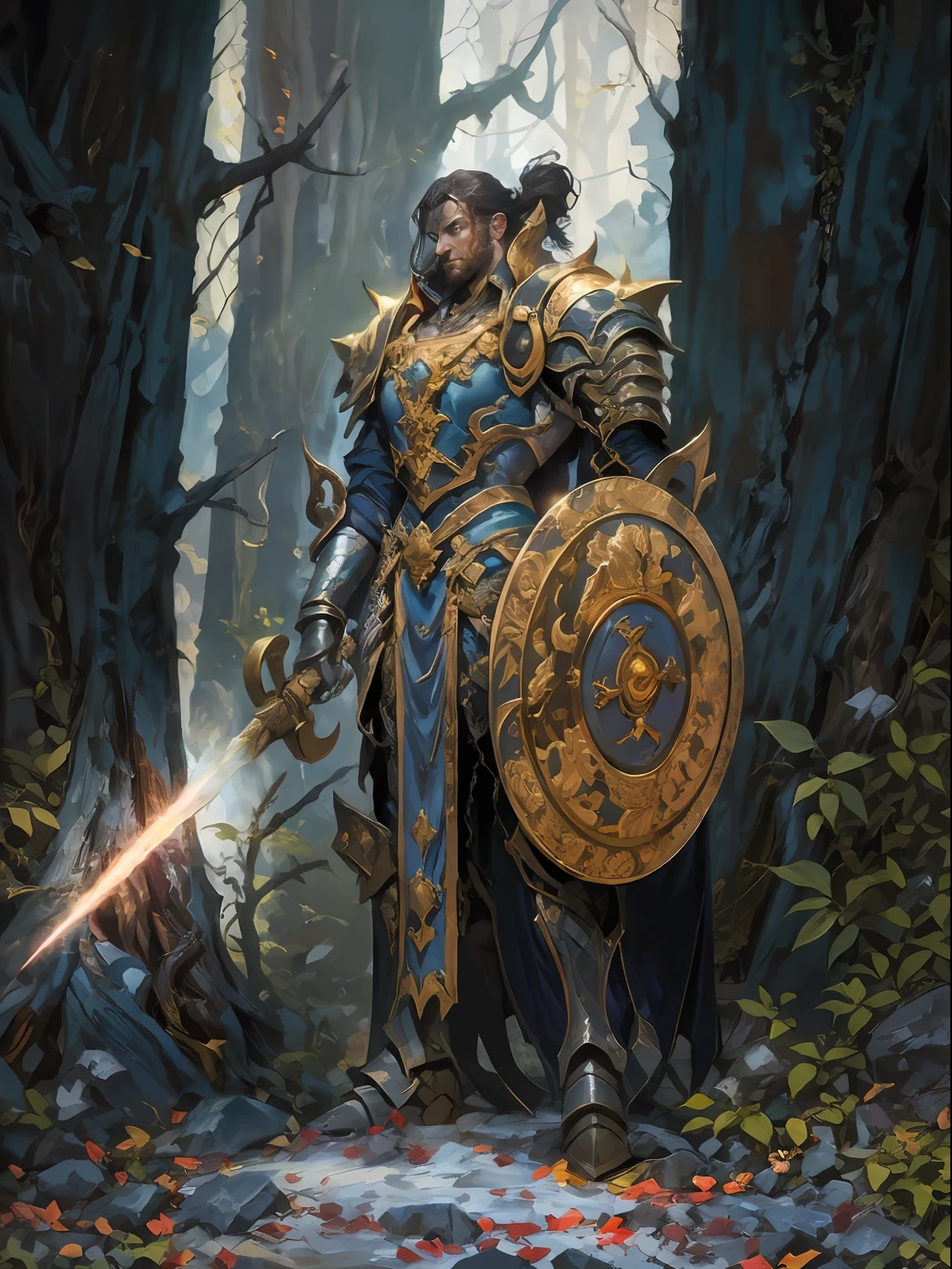((masterpiece, best quality, official art, extremely detailed CG unity 8k wallpaper)), Close-up of a man in armor holding a sword and shield, fantasy paladin man, Male paladin, A human male paladin, Arte do Jogo de Cartas de Fantasia, full portrait of magical knight, epic fantasy card game art, Epic Paladin armor, tyler edlin fantasy art, epic exquisite  character art, defensive armor, no helmet, golden fajas emanating from the shield, dynamic action, Gothic style, full body portrait, 32k, halo, movie lighting, God Ray, best picture quality, Ultra
HD