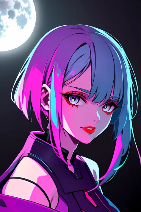 lucy \(cyberpunk\),2girl, hair scrunchie, lesbi, hime cut, silver hair, colored tips, full moon, grey eyes, jacket, long sleeves, looking at viewer, Medium hair, Colorful hair, Bangs separated, lips parted, pink-haired, portrait, Red eyeliner, redlips, Whi...