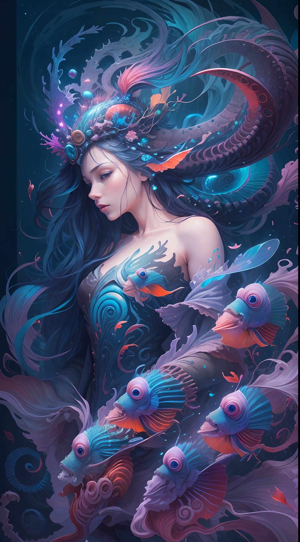 best qualtiy，tmasterpiece，超高分辨率，（photograph realistic：1.4），ultra-realistic realism，Dream-like，The beautiful blue goddess wears a phoenix peacock on her head, Nautilus, a betta fish，The creation of fantasy，Brain conch，Dream Conch，Biopunk Nautilus，Thrilling color scheme， ultra-realistic realism， abstracted， psychedelia,