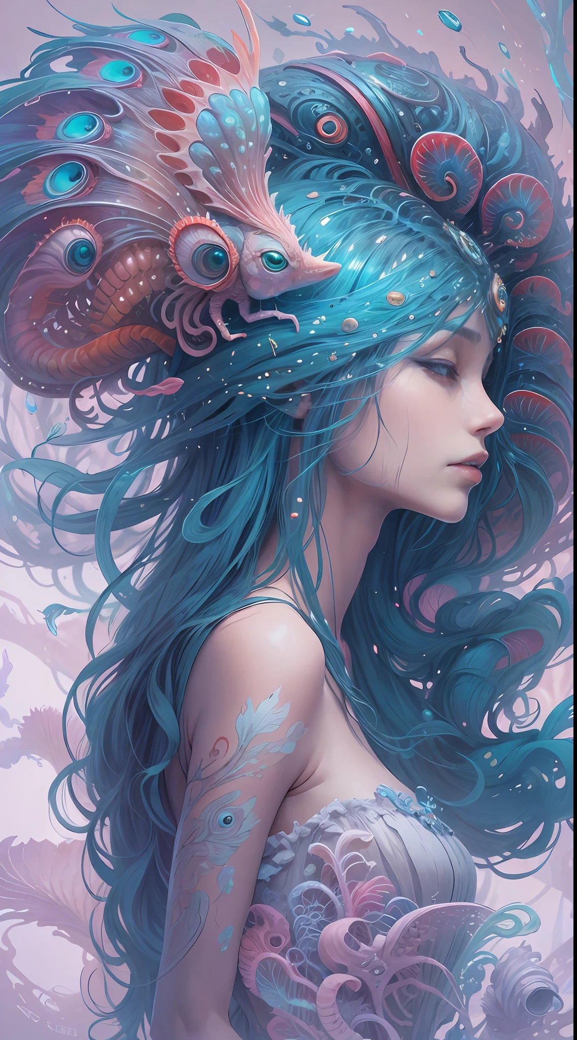 best qualtiy，tmasterpiece，超高分辨率，（photograph realistic：1.4），ultra-realistic realism，Dream-like，The beautiful blue goddess wears a phoenix peacock on her head, Nautilus, a betta fish，The creation of fantasy，Brain conch，Dream Conch，Biopunk Nautilus，Thrilling color scheme， ultra-realistic realism， abstracted， psychedelia,