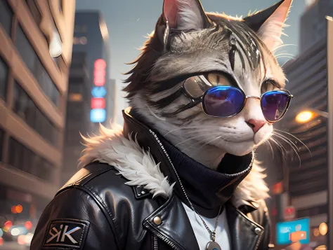 a close up of a cat wearing sunglasses and a leather jacket, cyberpunk cat, trending on  [ trending on cgsociety ]!!, cgsociety ), trending on artstation hq, octane. trending on artstation, trending on cgsociety, g cgsociety, cgsociety 4k”, cgsociety, tren...