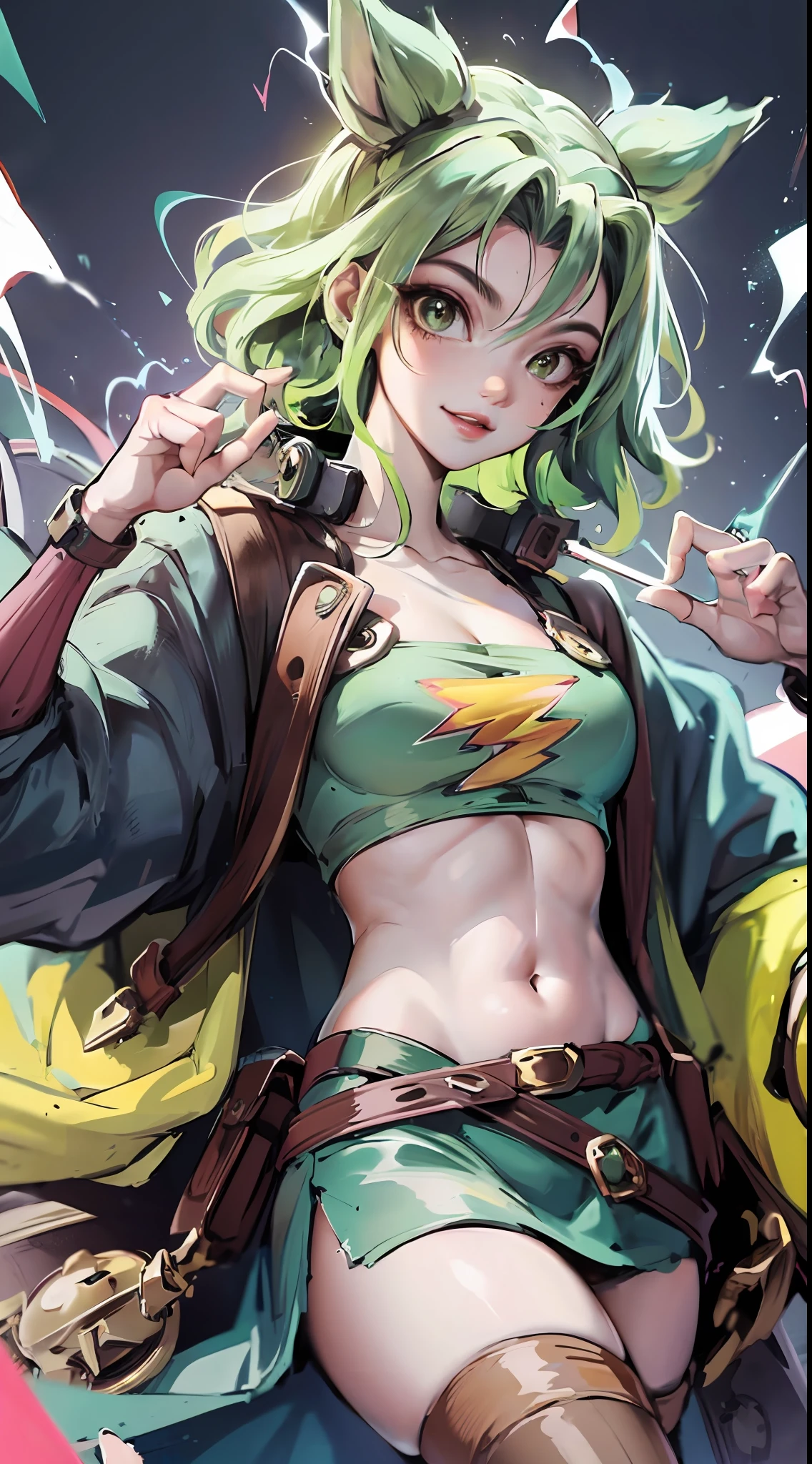 Zeri,Green hair，Lightning is born in your hand，Pitch up，having fun，Trendy clothing，Superskirt，Crop topping，D-cups，cute-style，highly rendered，detailed face with，Fleshy thighs