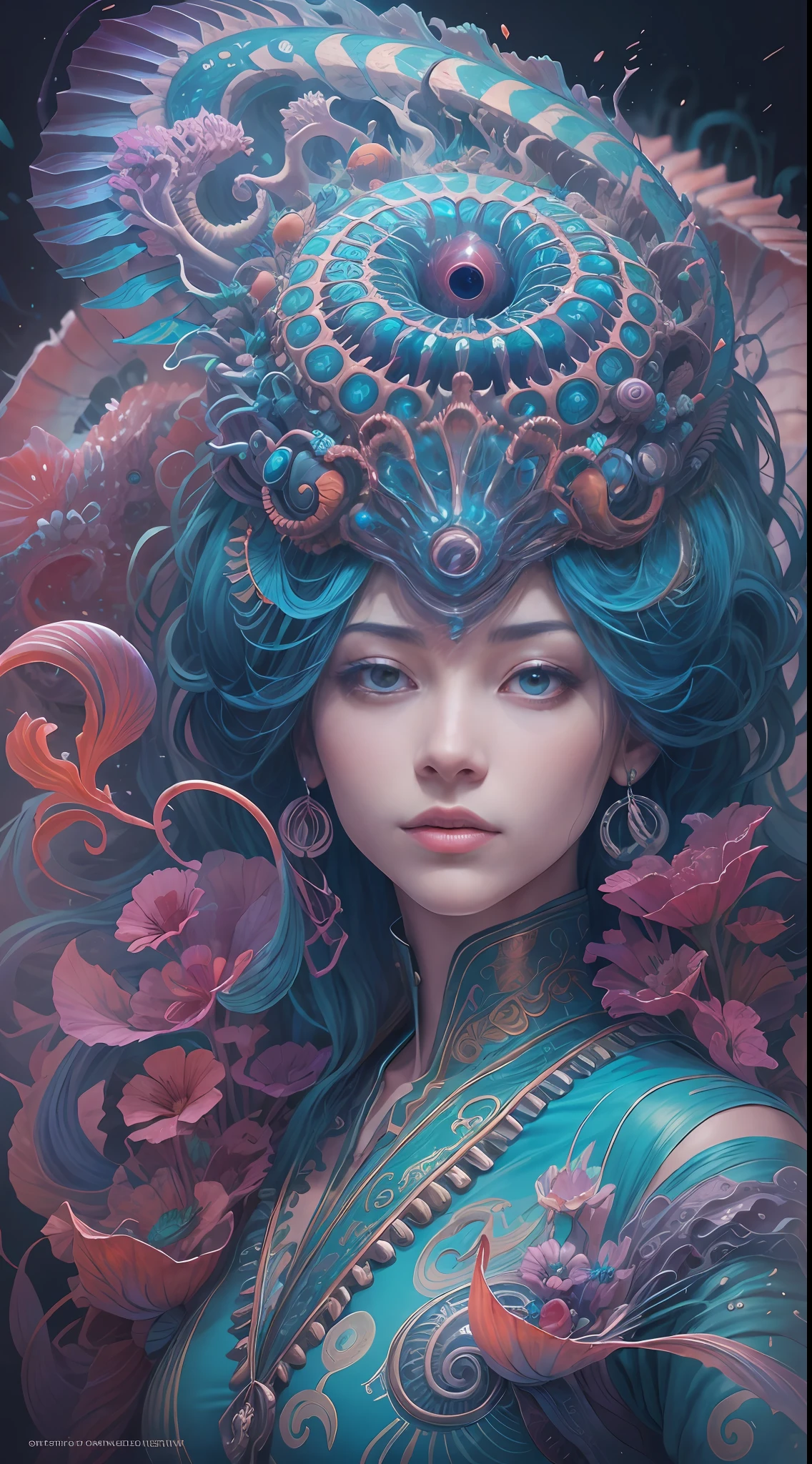 best qualtiy，tmasterpiece，Ultra-high resolution，（photograph realistic：1.4），Ultra-realistic realism，Dream-like，The beautiful blue goddess wears a phoenix peacock on her head, nautilus, a betta fish，The creation of fantasy，Brain conch，Dream Conch，Biopunk nautilus，Thrilling color scheme， Ultra-realistic realism， abstracted， psychedelia,