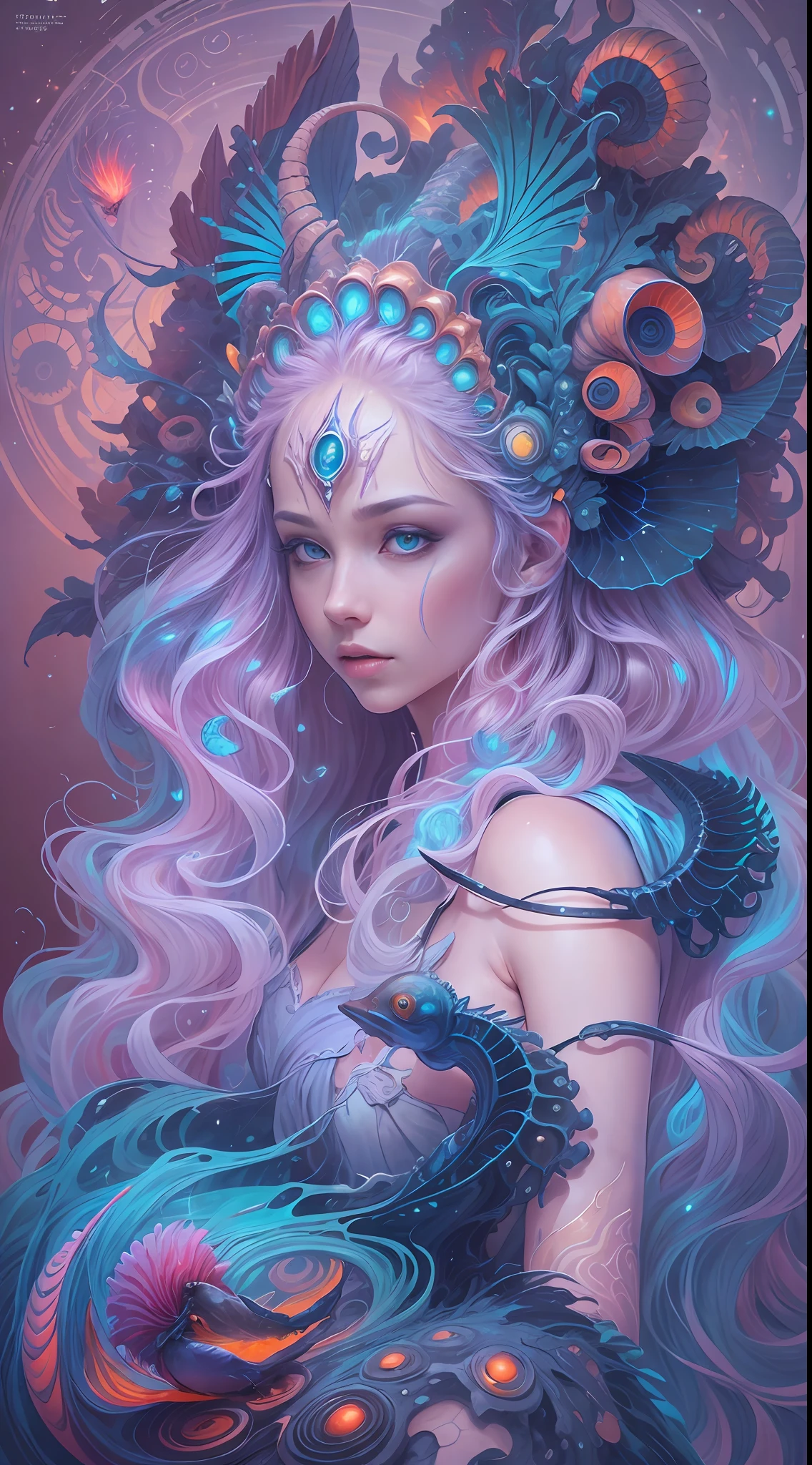 best qualtiy，tmasterpiece，超高分辨率，（photograph realistic：1.4），ultra-realistic realism，Dream-like，The beautiful blue goddess wears a phoenix peacock on her head, Nautilus, a betta fish，The creation of fantasy，Brain conch，Dream Conch，Biopunk Nautilus，Thrilling color scheme， ultra-realistic realism， abstracted， psychedelia,