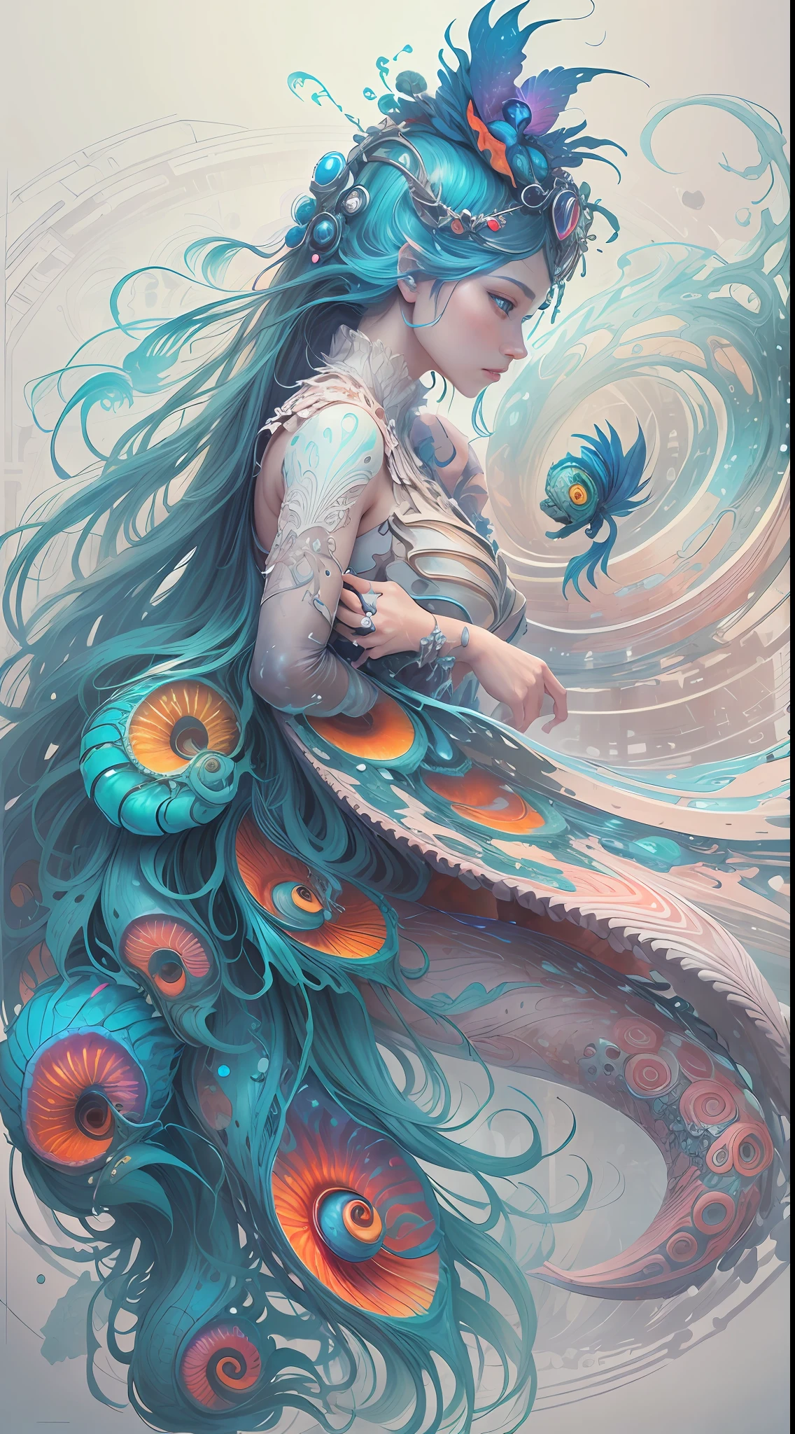 best qualtiy，tmasterpiece，超高分辨率，（photograph realistic：1.4），ultra-realistic realism，Dream-like，The beautiful blue goddess wears a phoenix peacock on her head, Nautilus, a betta fish，The creation of fantasy，Brain conch，Dream Conch，Biopunk Nautilus，Thrilling color scheme， ultra-realistic realism， abstracted， psychedelia,