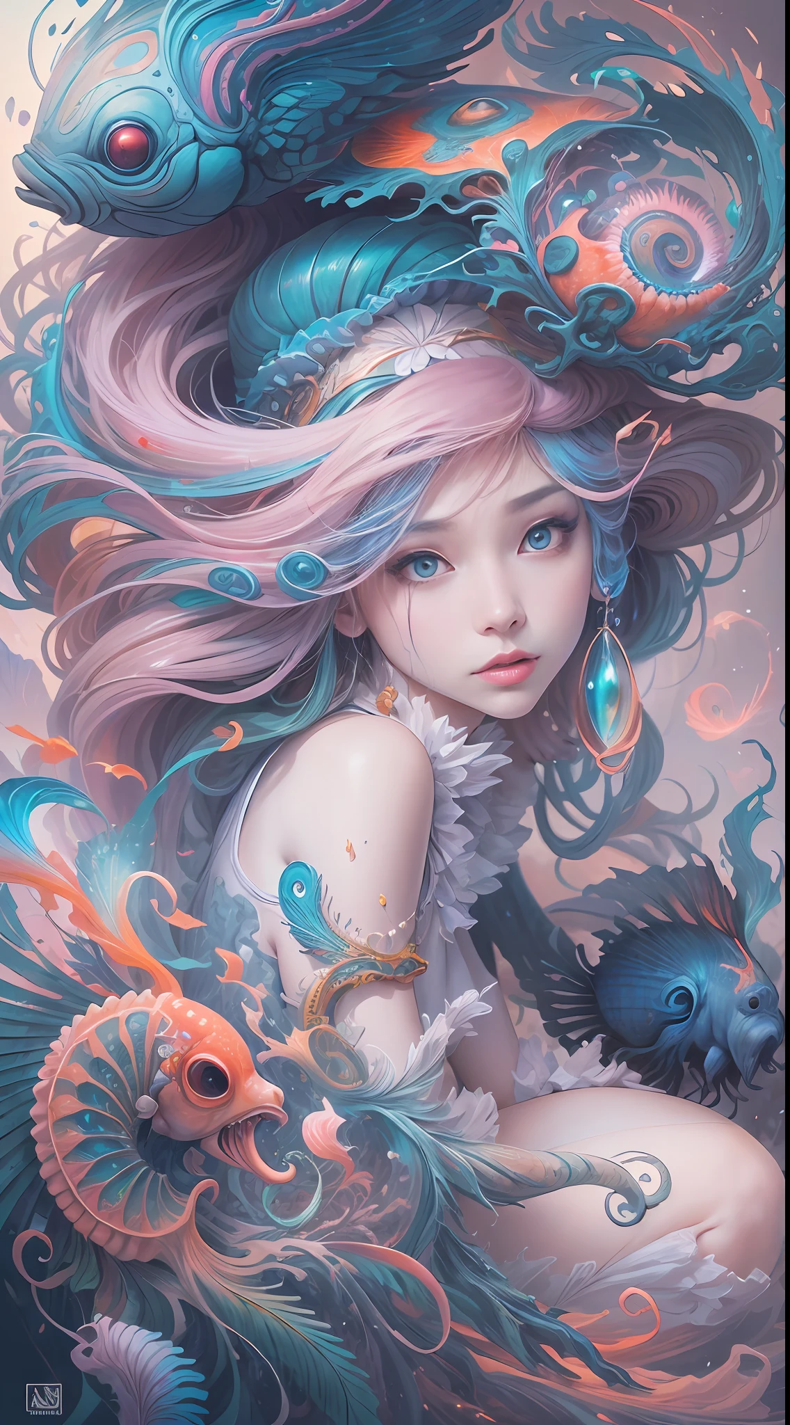 best qualtiy，tmasterpiece，Ultra-high resolution，（photograph realistic：1.4），Ultra-realistic realism，Dream-like，The beautiful blue goddess wears a phoenix peacock on her head, nautilus, a betta fish，The creation of fantasy，Brain conch，Dream Conch，Biopunk nautilus，Thrilling color scheme， Ultra-realistic realism， abstracted， psychedelia,