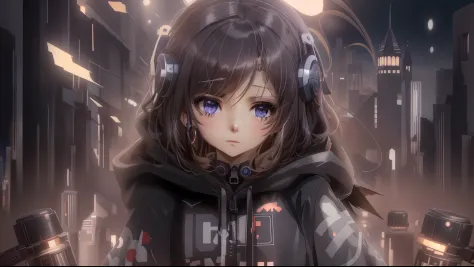 Menina anime com fones de ouvido e um capuz em uma cidade, estilo anime 4K, Melhor Anime 4K Konachan Wallpaper, Anime Art Wallpa...
