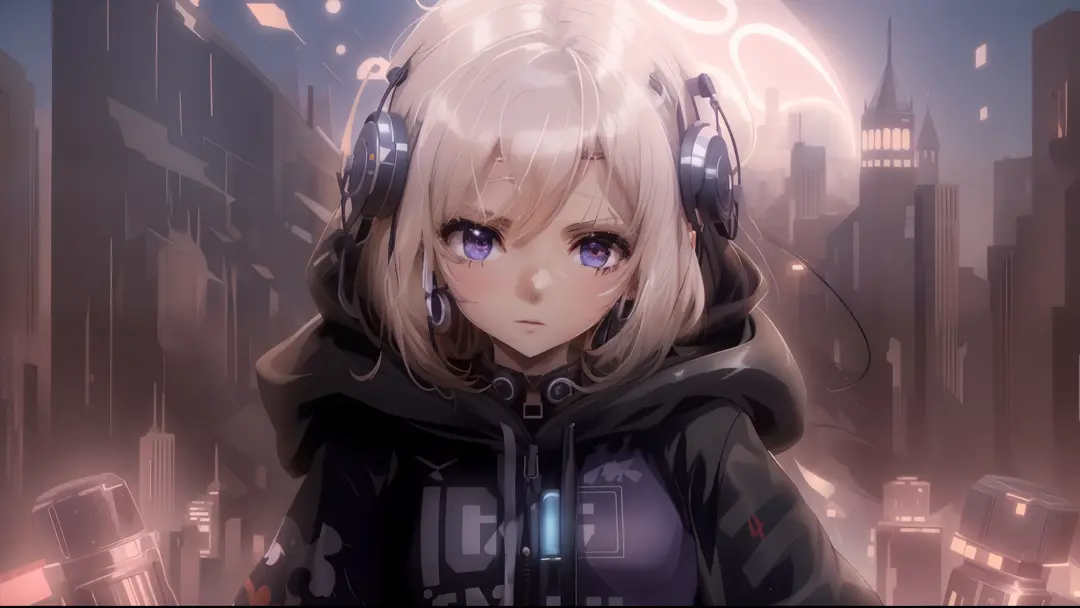 menina anime com fones de ouvido e um capuz em uma cidade, estilo anime 4k, melhor anime 4k konachan wallpaper, anime art wallpa...