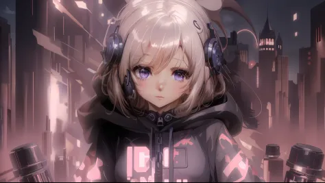 Menina anime com fones de ouvido e um capuz em uma cidade, estilo anime 4K, Melhor Anime 4K Konachan Wallpaper, Anime Art Wallpa...