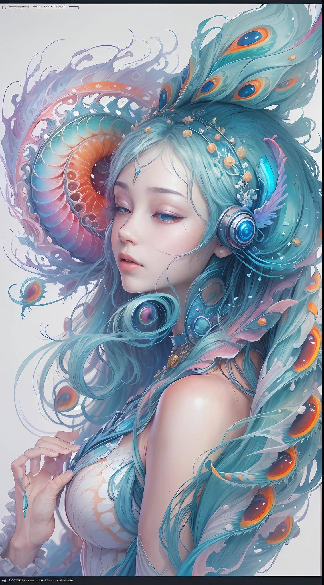 best qualtiy，tmasterpiece，Ultra-high resolution，（photograph realistic：1.4），Ultra-realistic realism，Dream-like，The beautiful blue goddess wears a phoenix peacock on her head, nautilus, a betta fish，The creation of fantasy，Brain conch，Dream Conch，Biopunk nautilus，Thrilling color scheme， Ultra-realistic realism， abstracted， psychedelia,
