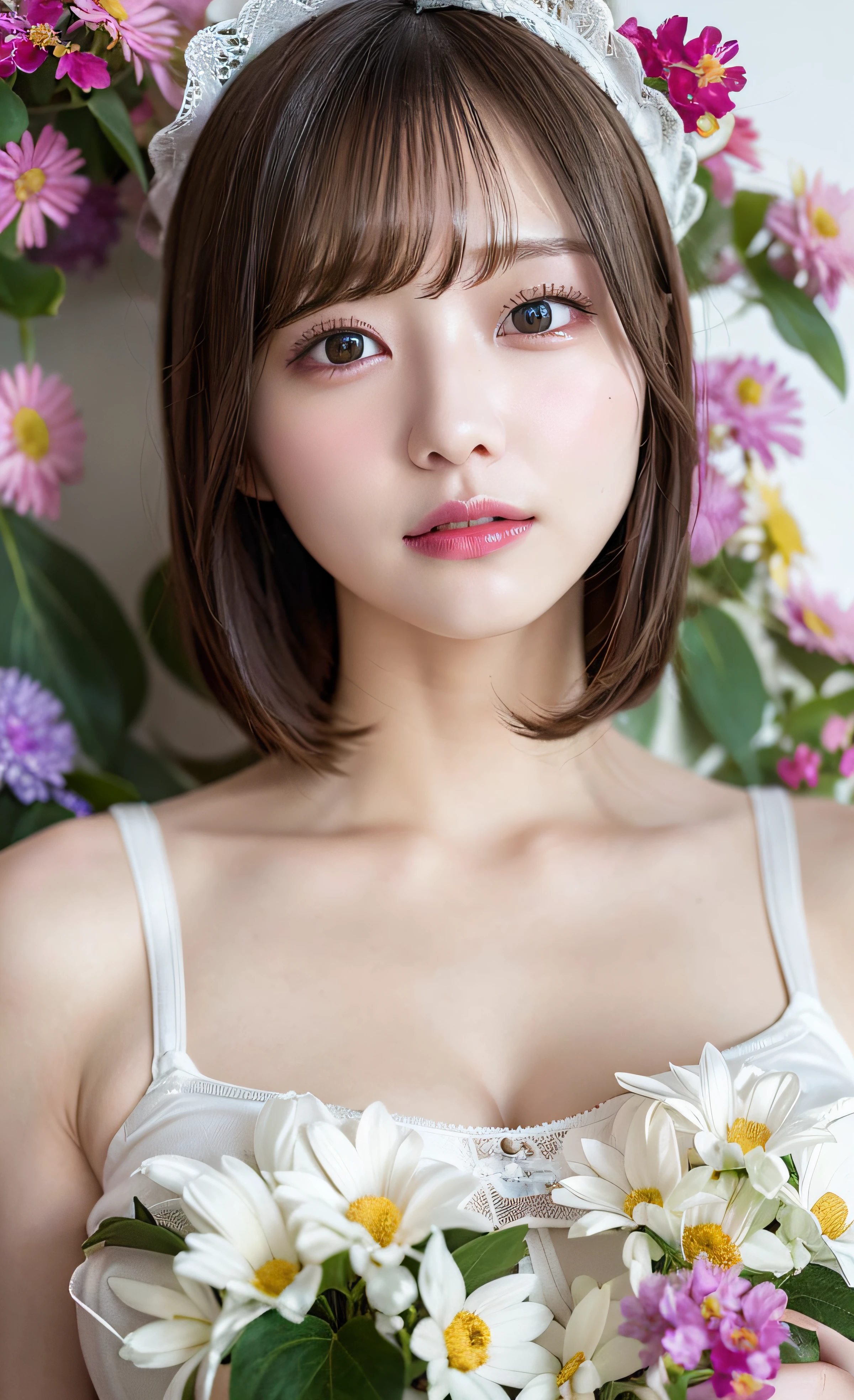 8K,Professional Lighting ,Aerial perspective ,超A high resolution ,(photographrealistic: 1.3) ,kawaii , (tits out:1.1) ,vivid flowers ,plain white bra,Detailed face ,bob cuts ,(((Asymmetry))) ,