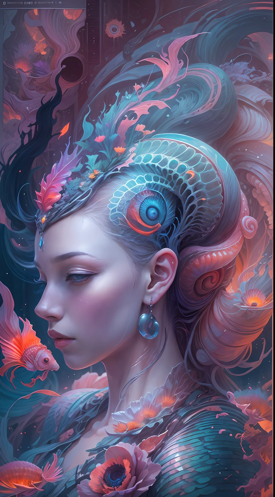 best qualtiy，tmasterpiece，超高分辨率，（photograph realistic：1.4），ultra-realistic realism，Dream-like，The beautiful blue goddess wears a phoenix peacock on her head, Nautilus, a betta fish，The creation of fantasy，Brain conch，Dream Conch，Biopunk Nautilus，Thrilling color scheme， ultra-realistic realism， abstracted， psychedelia,