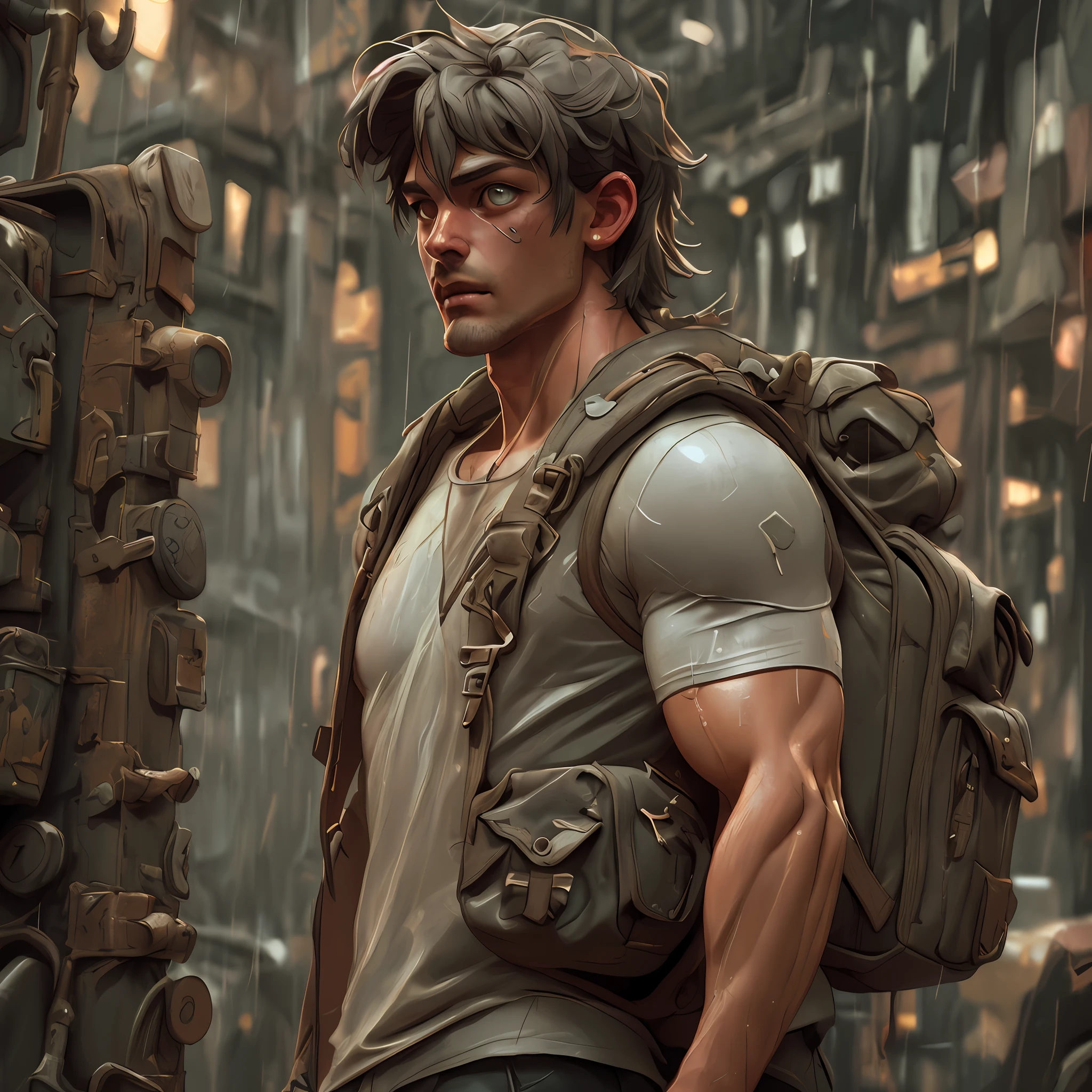Fit man, backpack, epic realistic, photo, faded, complex stuff around, intricate background, soaking wet, ((((hdr)))), vibrant colors, intricate scene, artstation, intricate details, vignette
