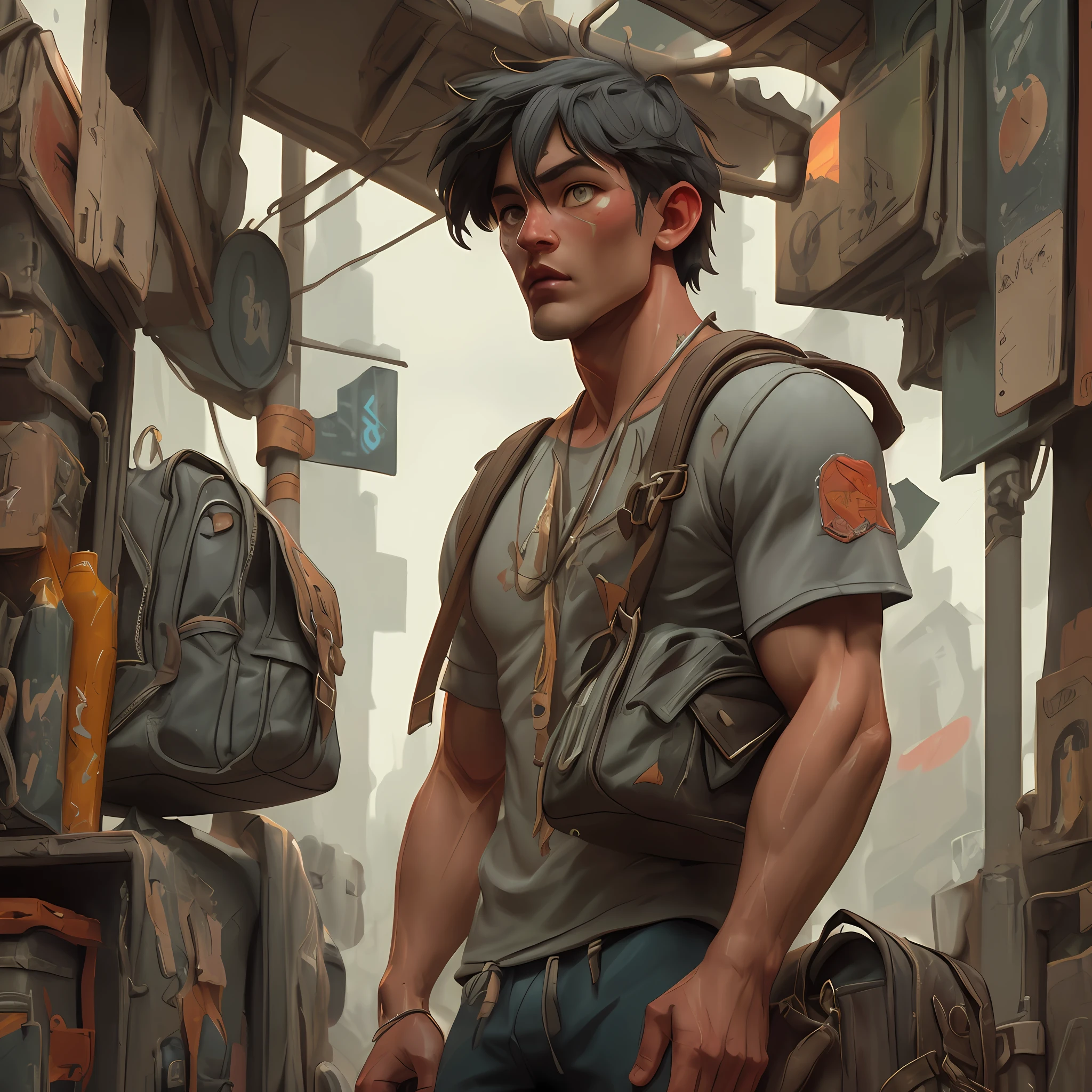 Fit man, backpack, epic realistic, photo, faded, complex stuff around, intricate background, soaking wet, ((((hdr)))), vibrant colors, intricate scene, artstation, intricate details, vignette