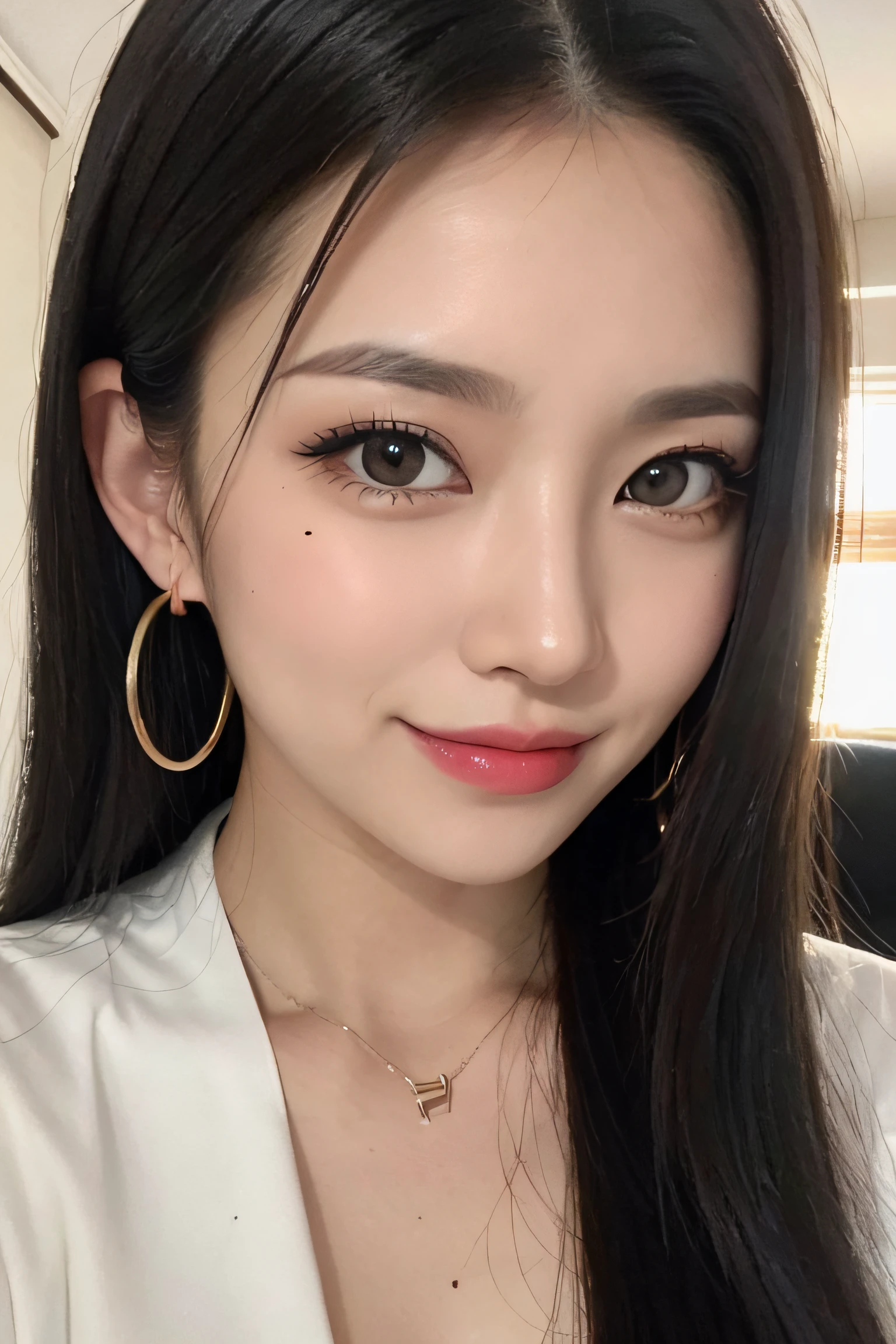 black hair, hair bobbles, longeyelashes, solid circle eyes, light smile, mole under eye, heart earrings, light smile, shy, puckered lips, Surrealism, drop shadow, stereogram, pov, atmospheric perspective, depth of field, first-person view, f/1.8, 8k, super detail, ccurate, best quality, highres, best quality,full body