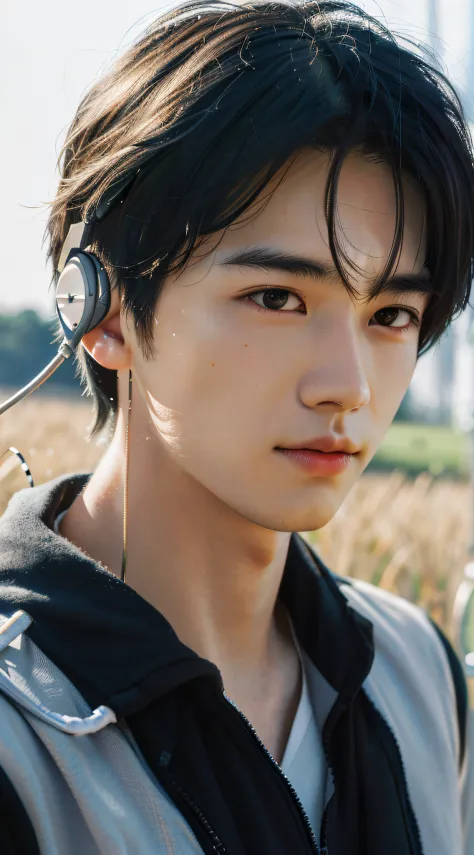 Asian man standing in field wearing headphones, Shin Jinying, jinyoung shin aesthetic, Cai Xukun, inspired by jeonseok lee, Insp...